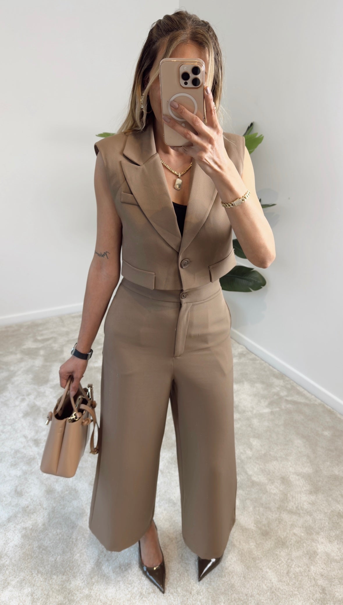 Hery Crop Ceket Pantolon Takım Vizon