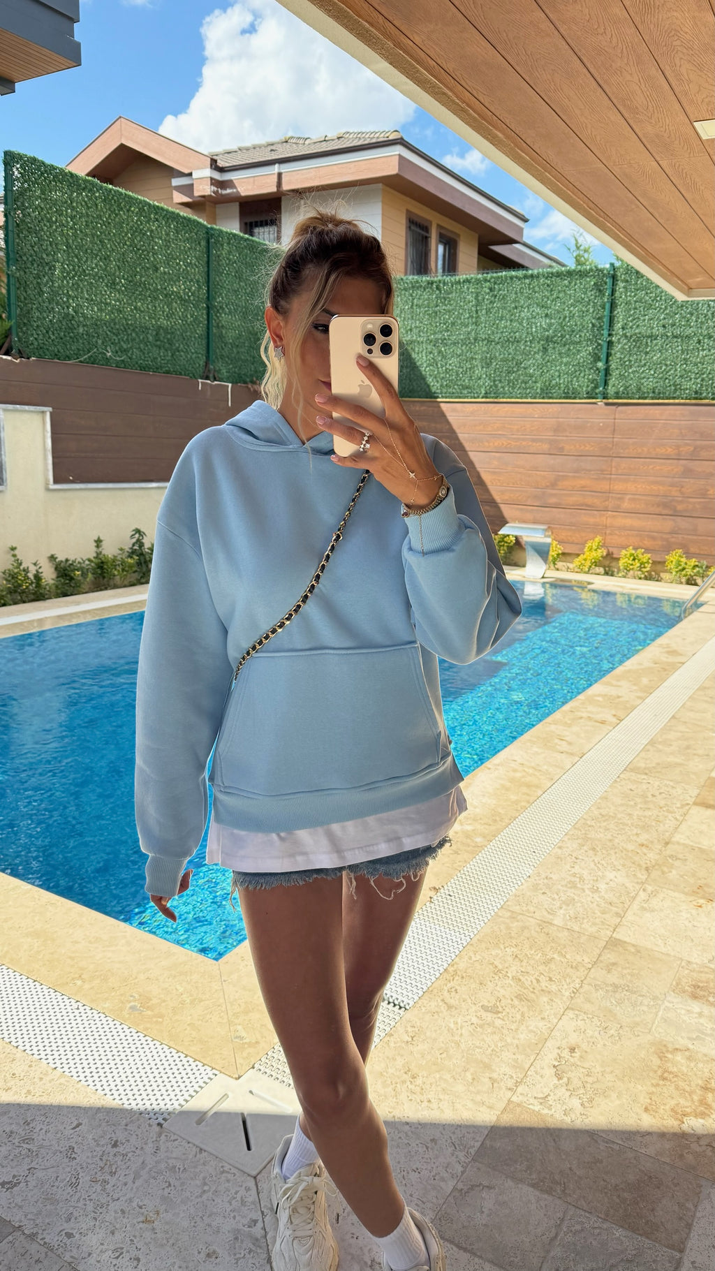 Tişört Detaylı Kapüşonlu Sweatshirt Mavi