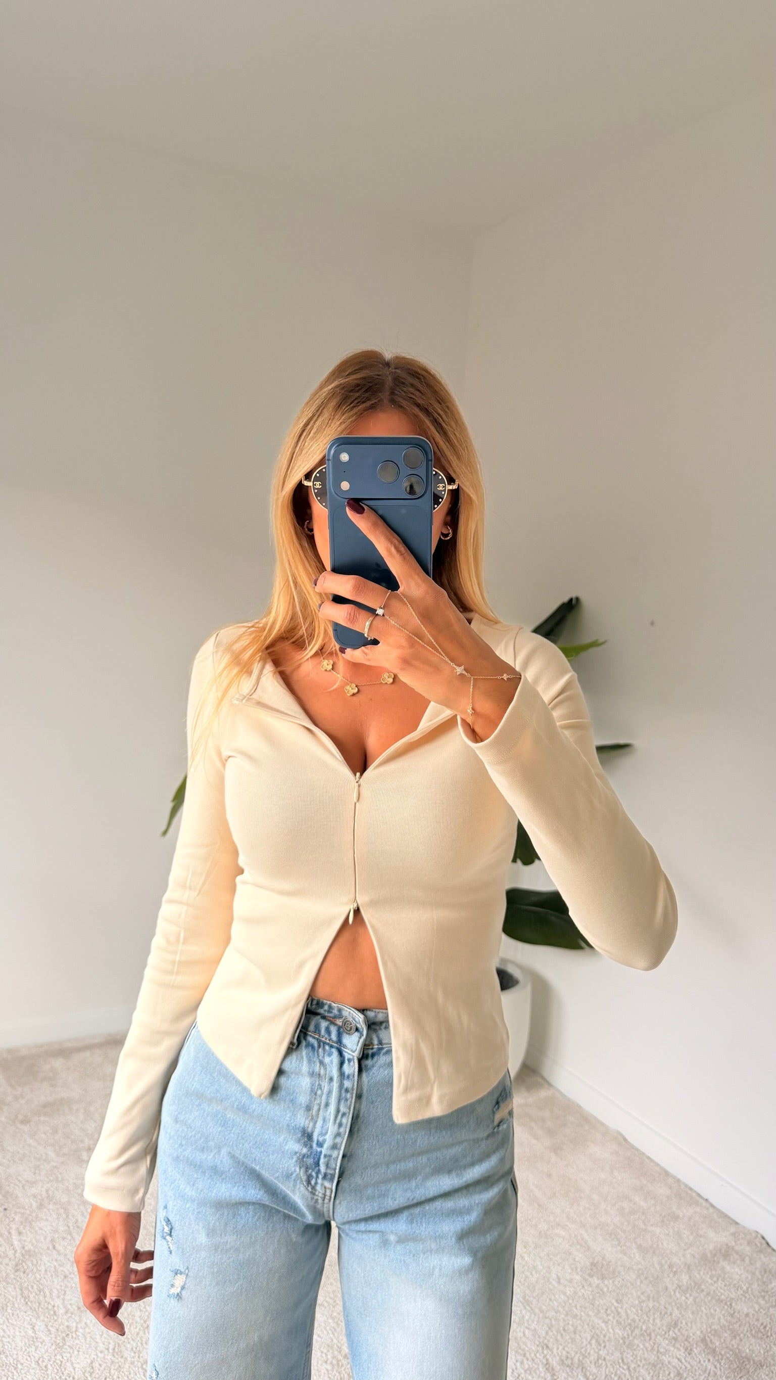DİLVİN Fermuar Detaylı Bluz Bej