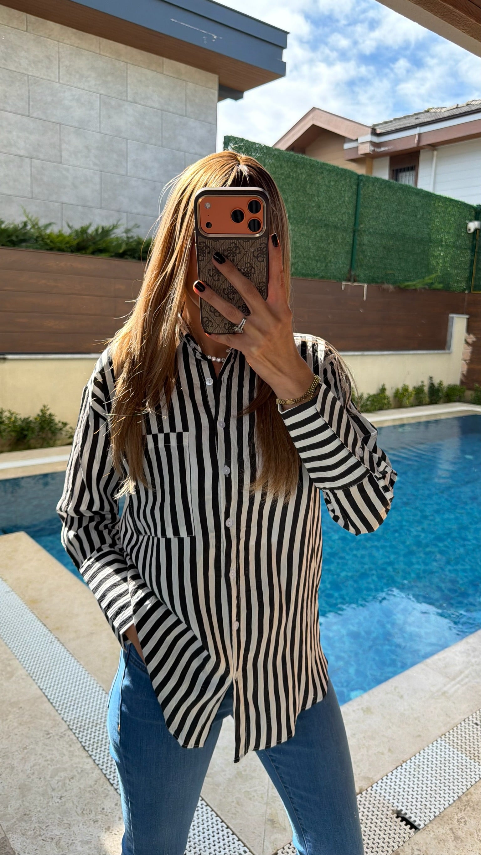 Kalın Çizgili Uzun Kol Gömlek Siyah