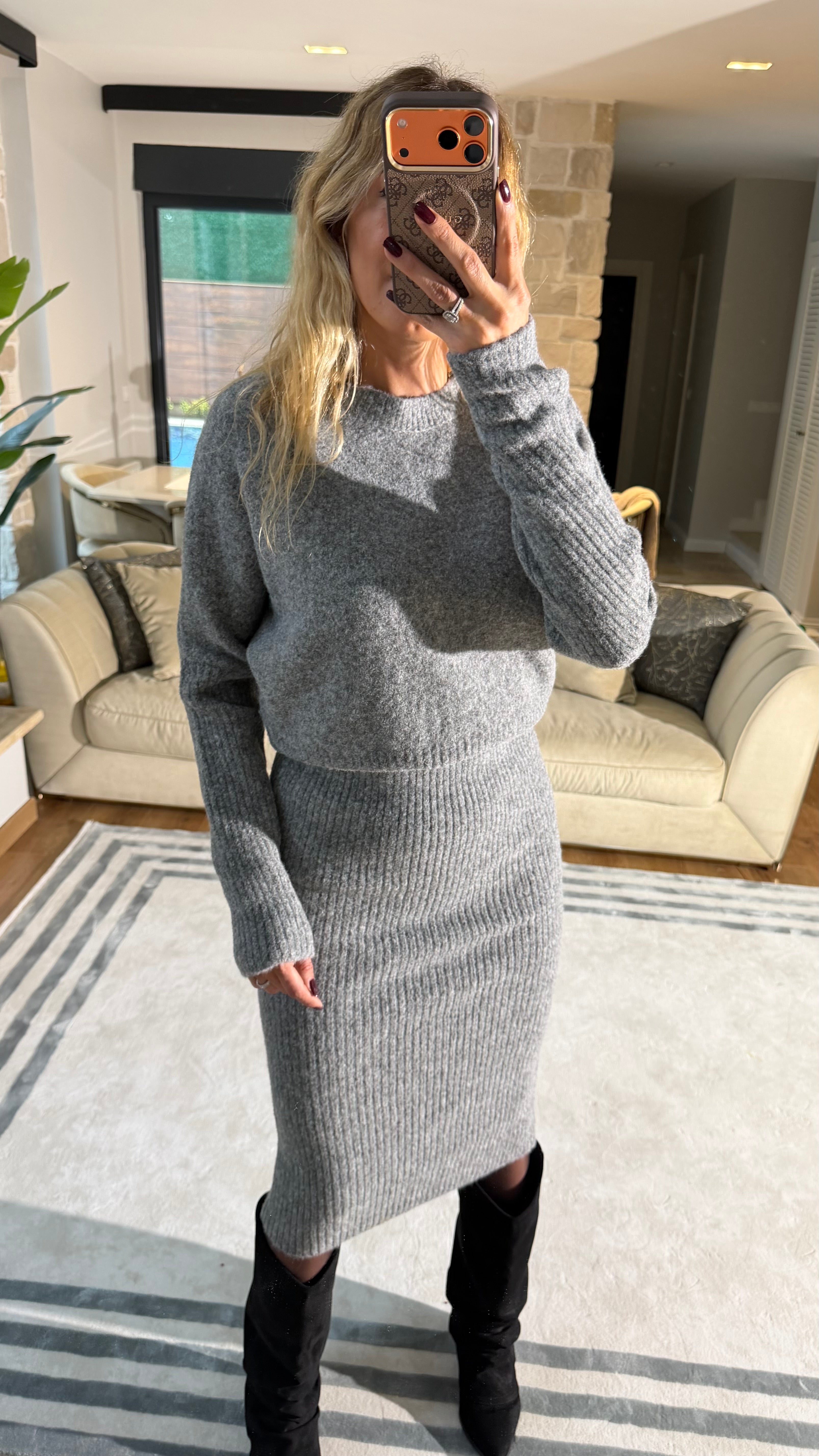 Dilvin Bisiklet Yaka Premium Triko Elbise Gri