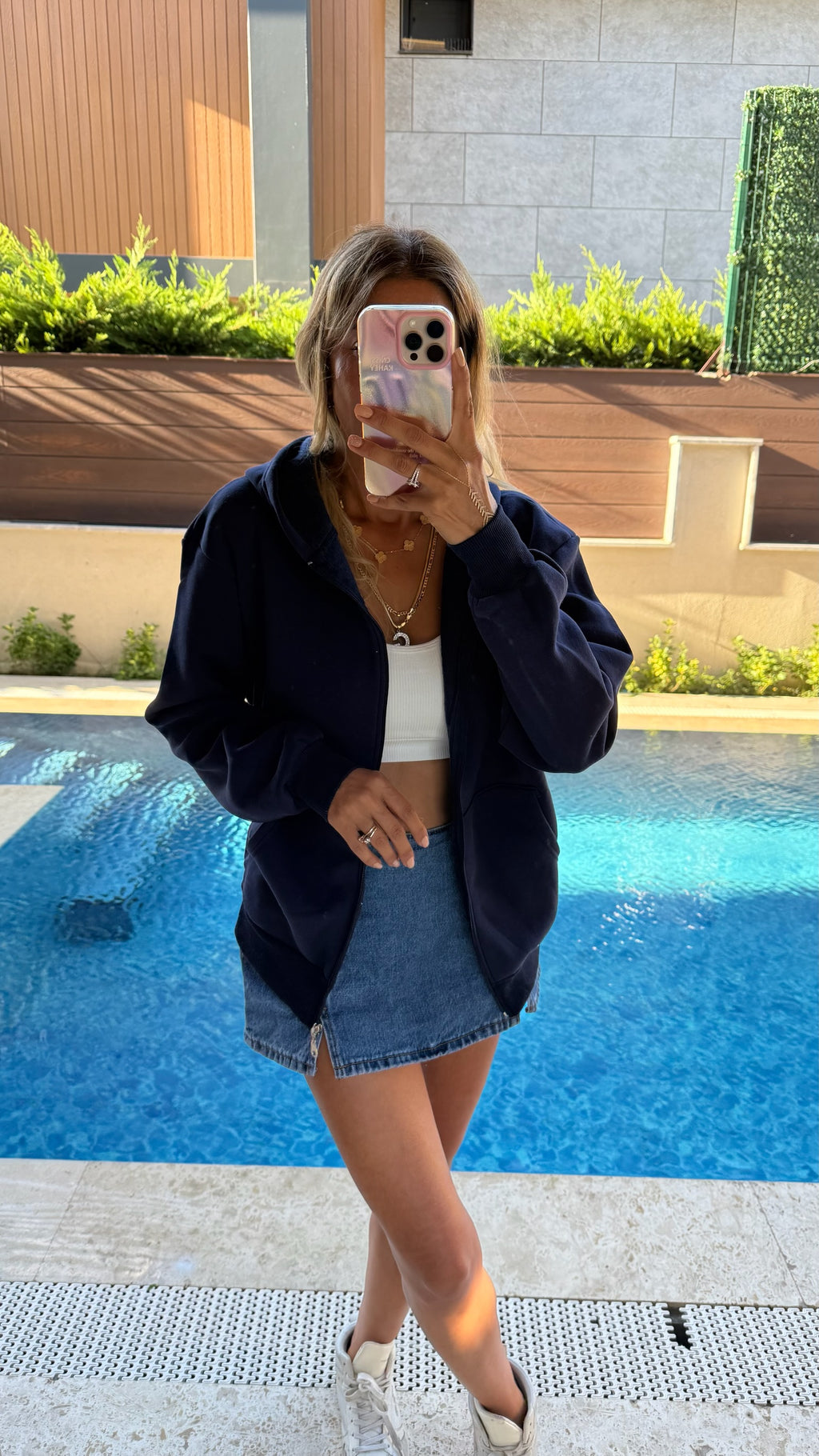 Basic Fermuarlı Kapüşonlu Sweatshirt - Lacivert