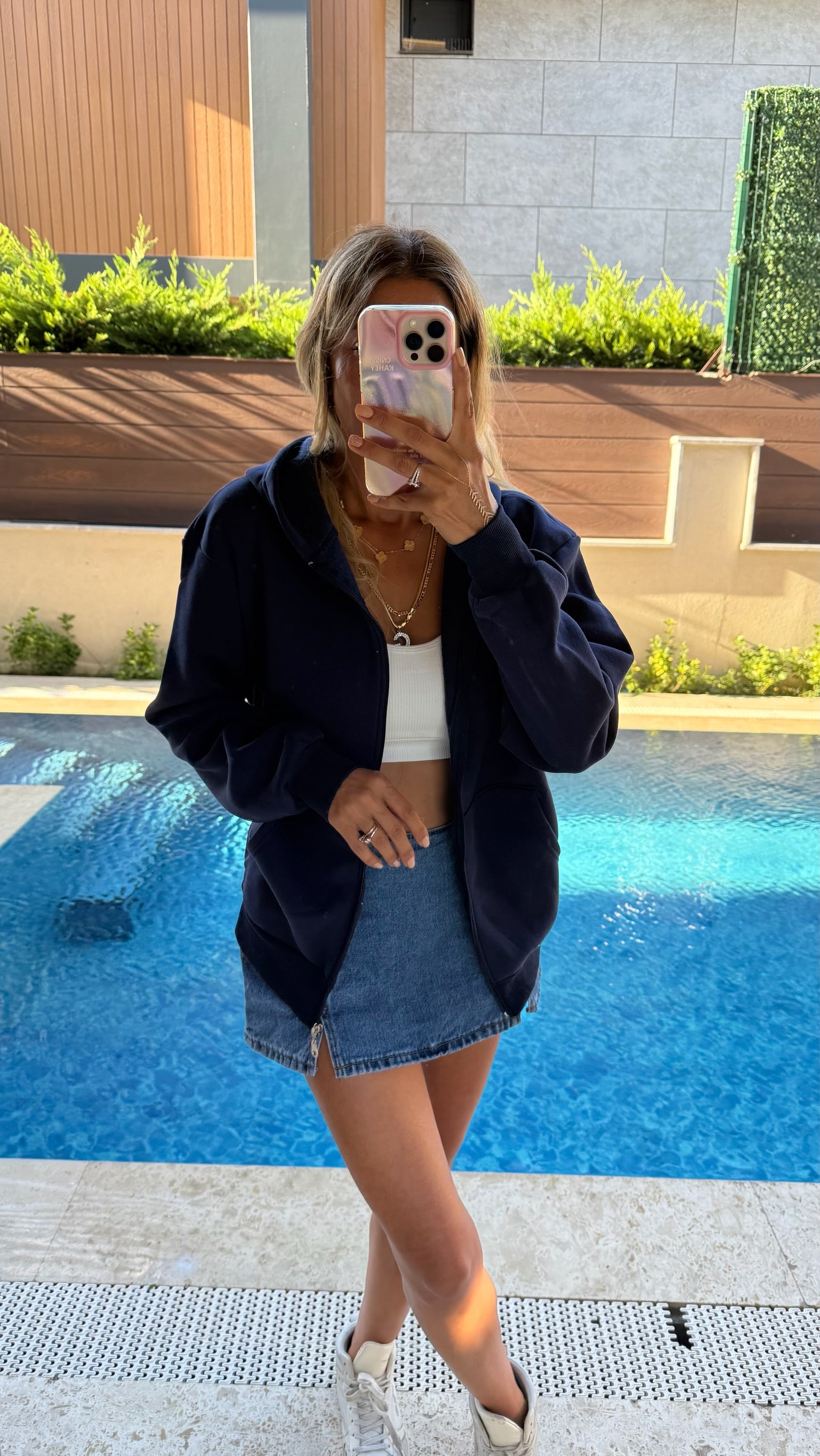 Basic Fermuarlı Kapüşonlu Sweatshirt - Lacivert