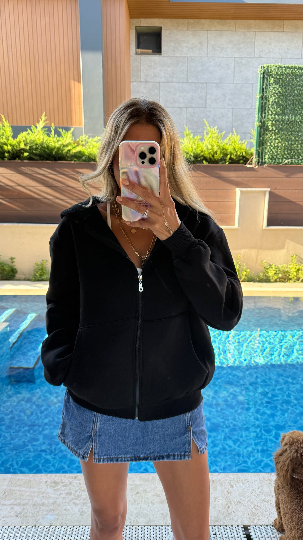 Basic Fermuarlı Kapüşonlu Sweatshirt - Siyah