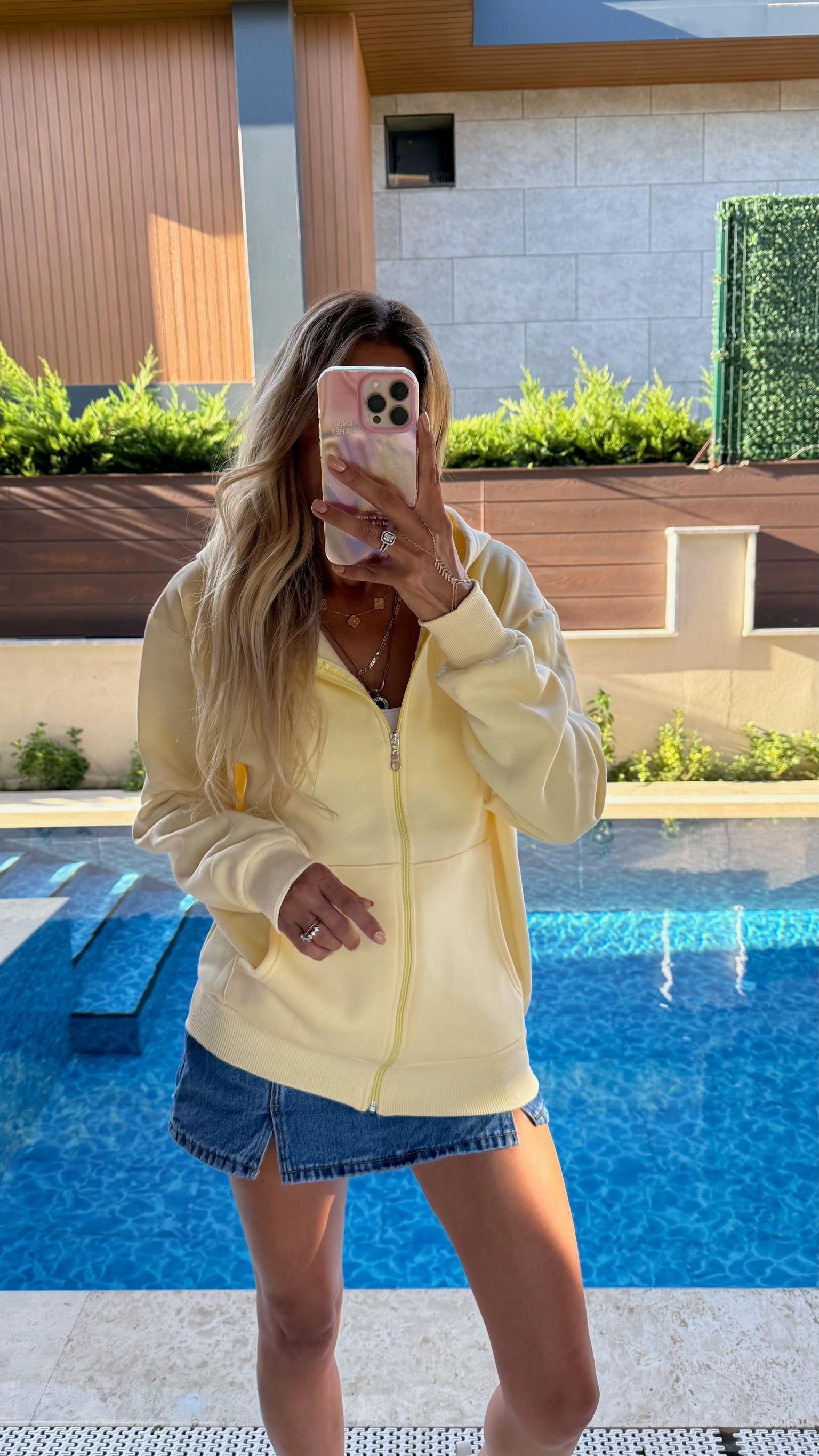 Basic Fermuarlı Kapüşonlu Sweatshirt - Sarı