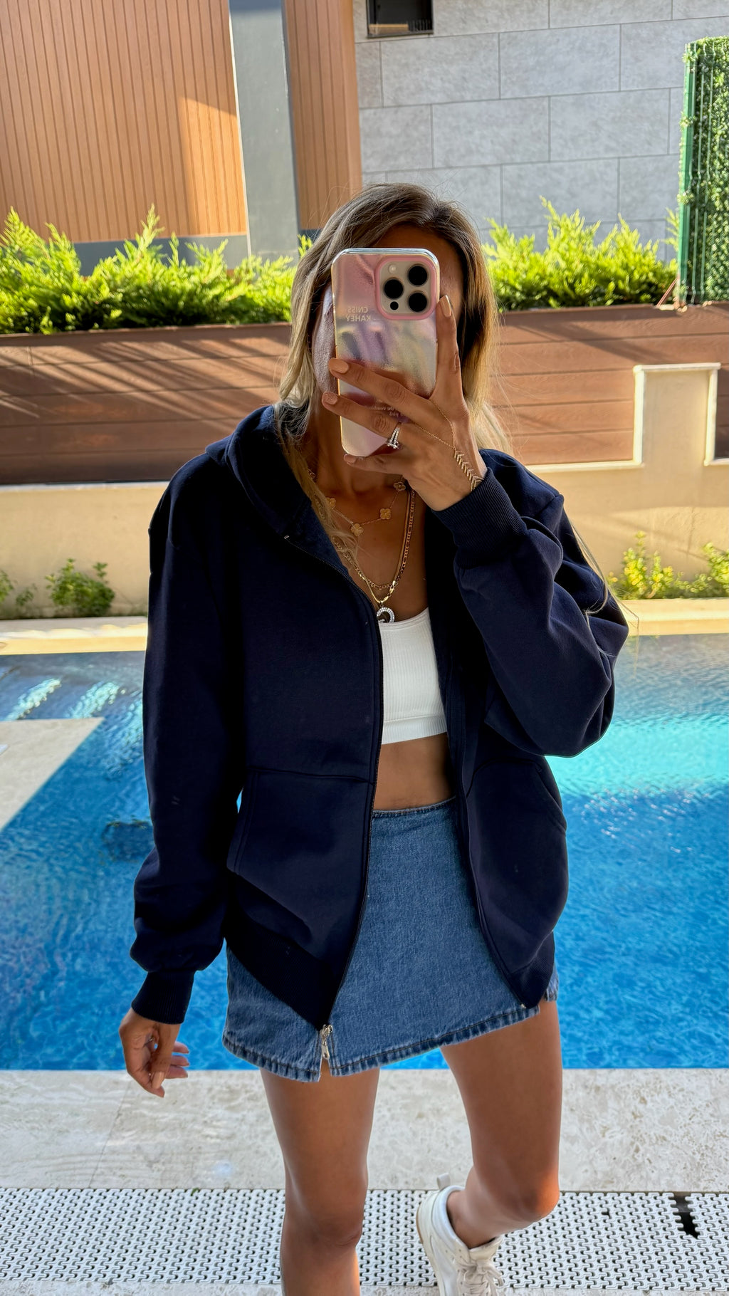 Basic Fermuarlı Kapüşonlu Sweatshirt - Lacivert
