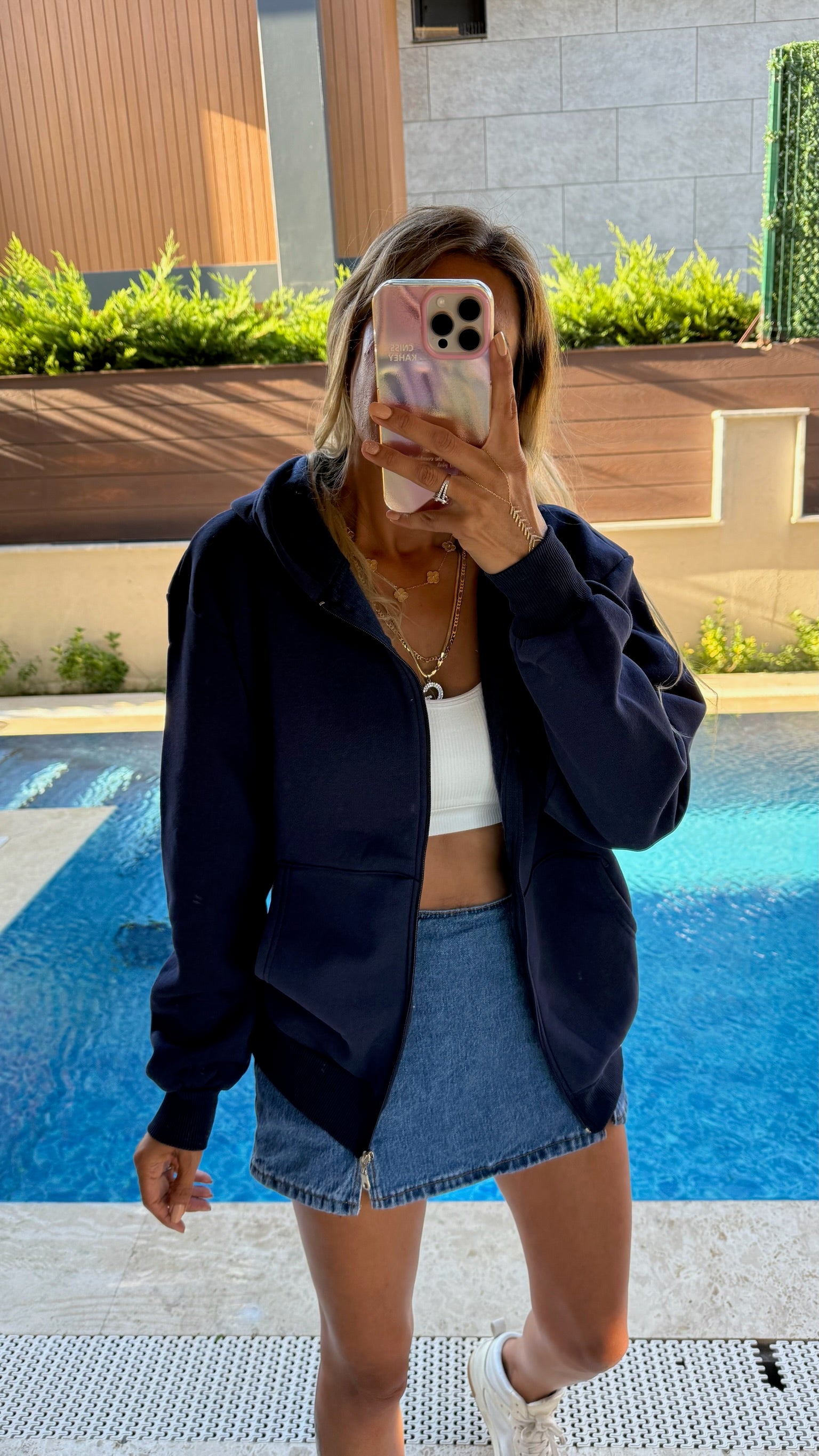 Basic Fermuarlı Kapüşonlu Sweatshirt - Lacivert