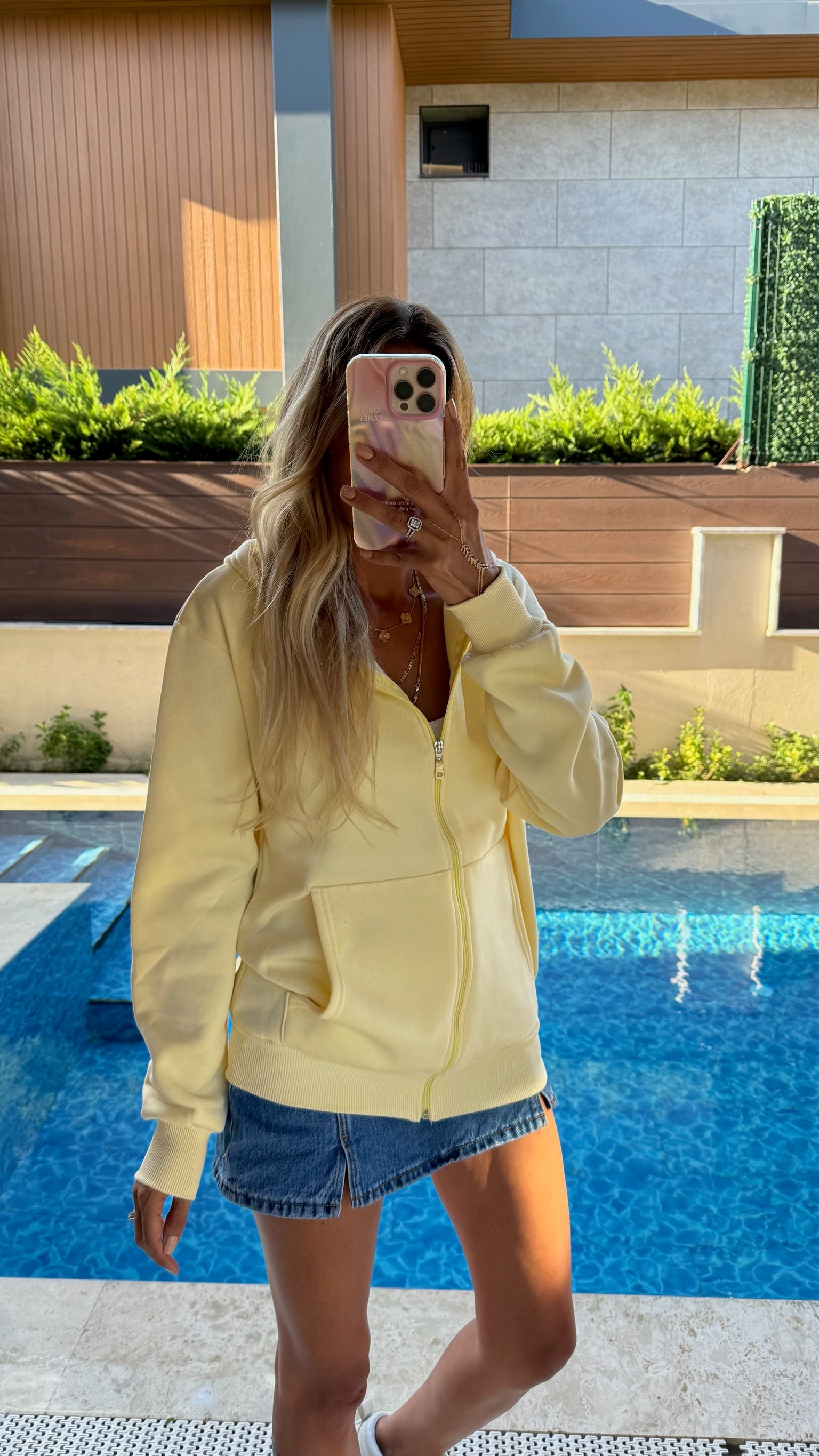 Basic Fermuarlı Kapüşonlu Sweatshirt - Sarı
