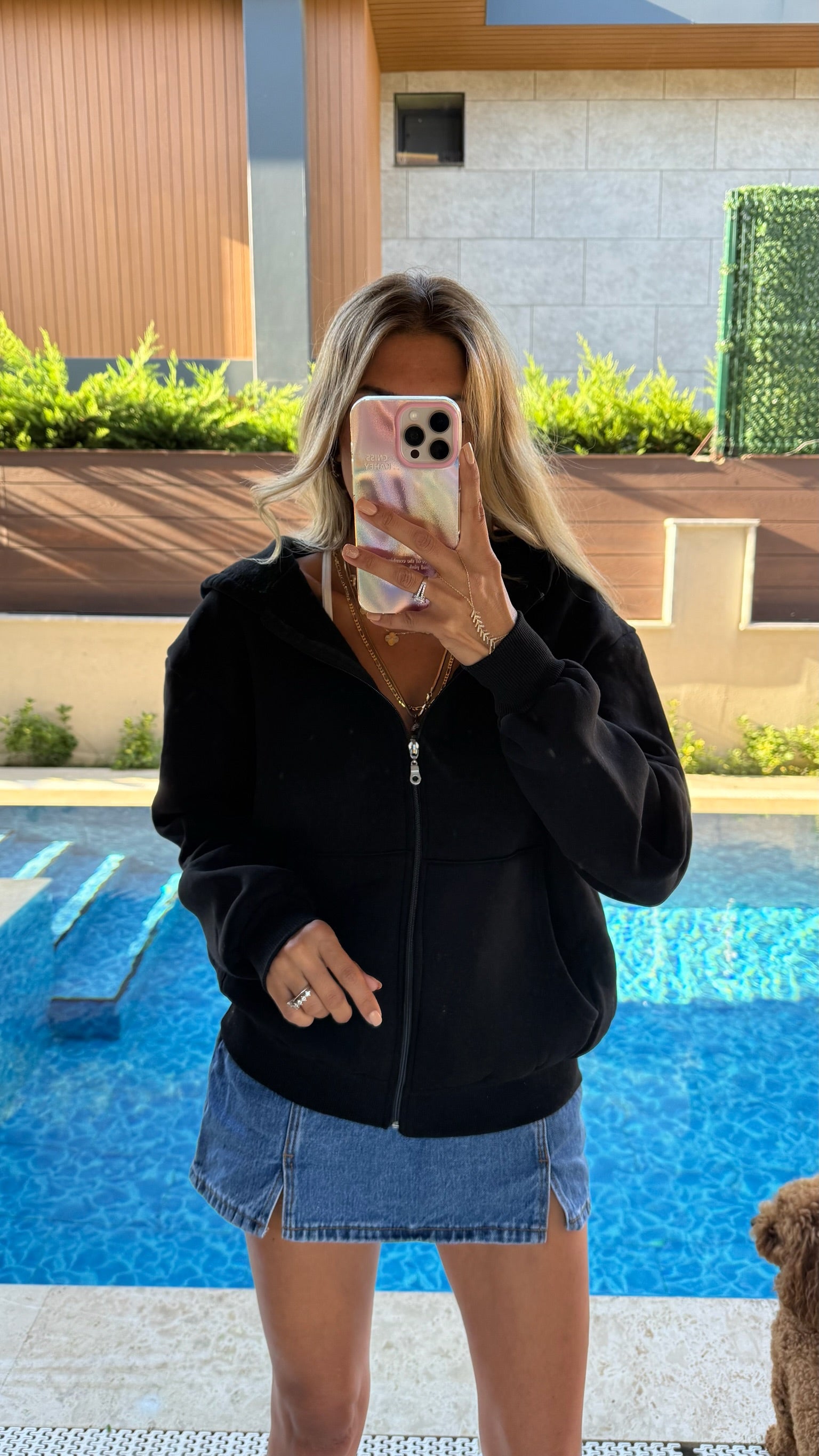 Basic Fermuarlı Kapüşonlu Sweatshirt - Siyah
