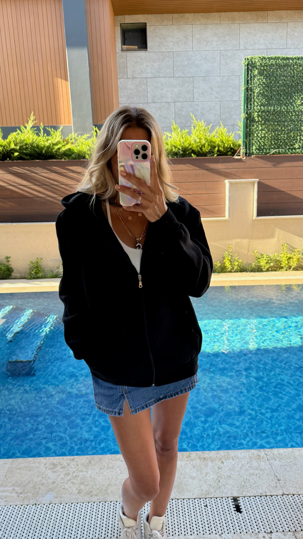 Basic Fermuarlı Kapüşonlu Sweatshirt - Siyah