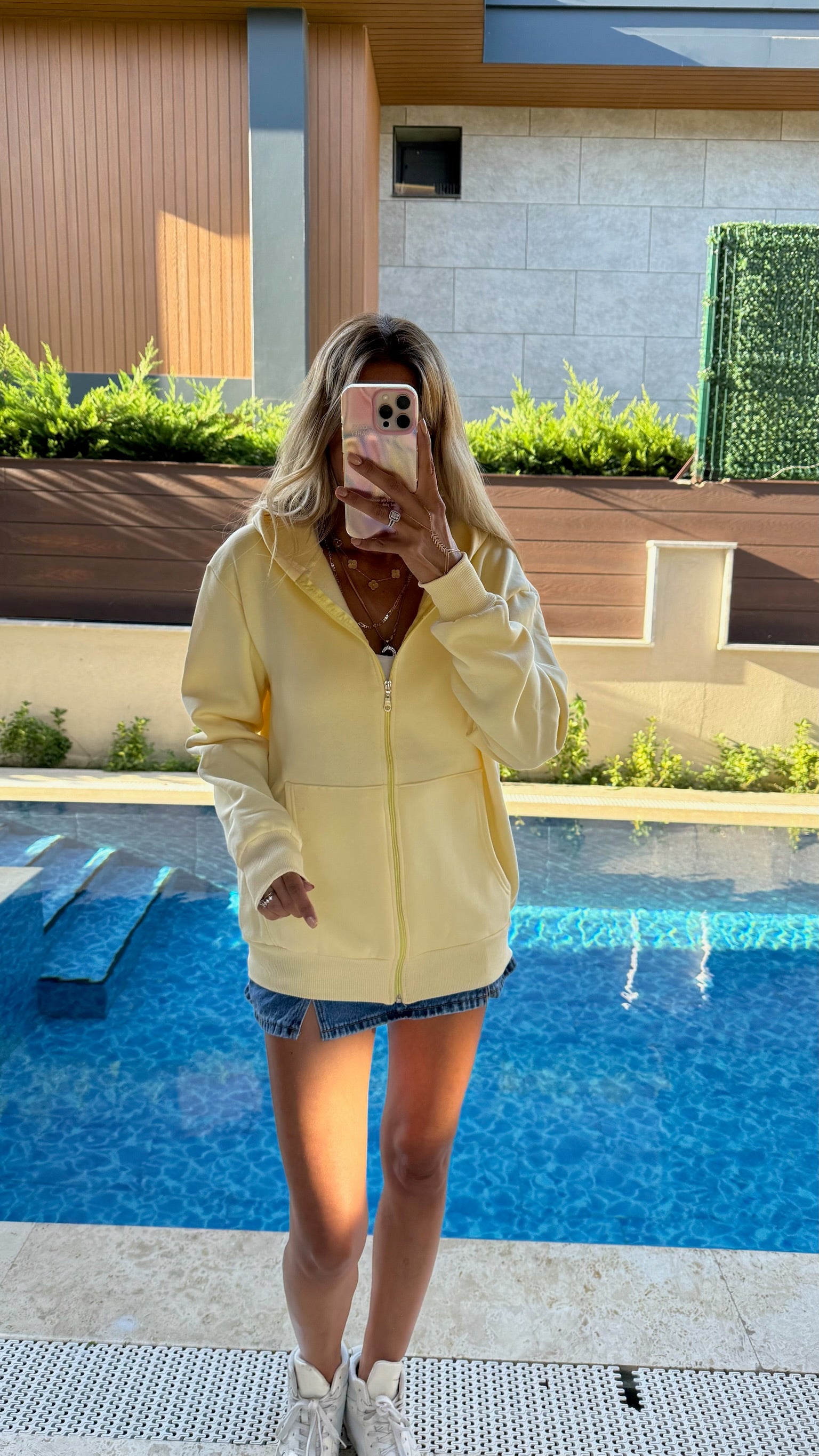 Basic Fermuarlı Kapüşonlu Sweatshirt - Sarı