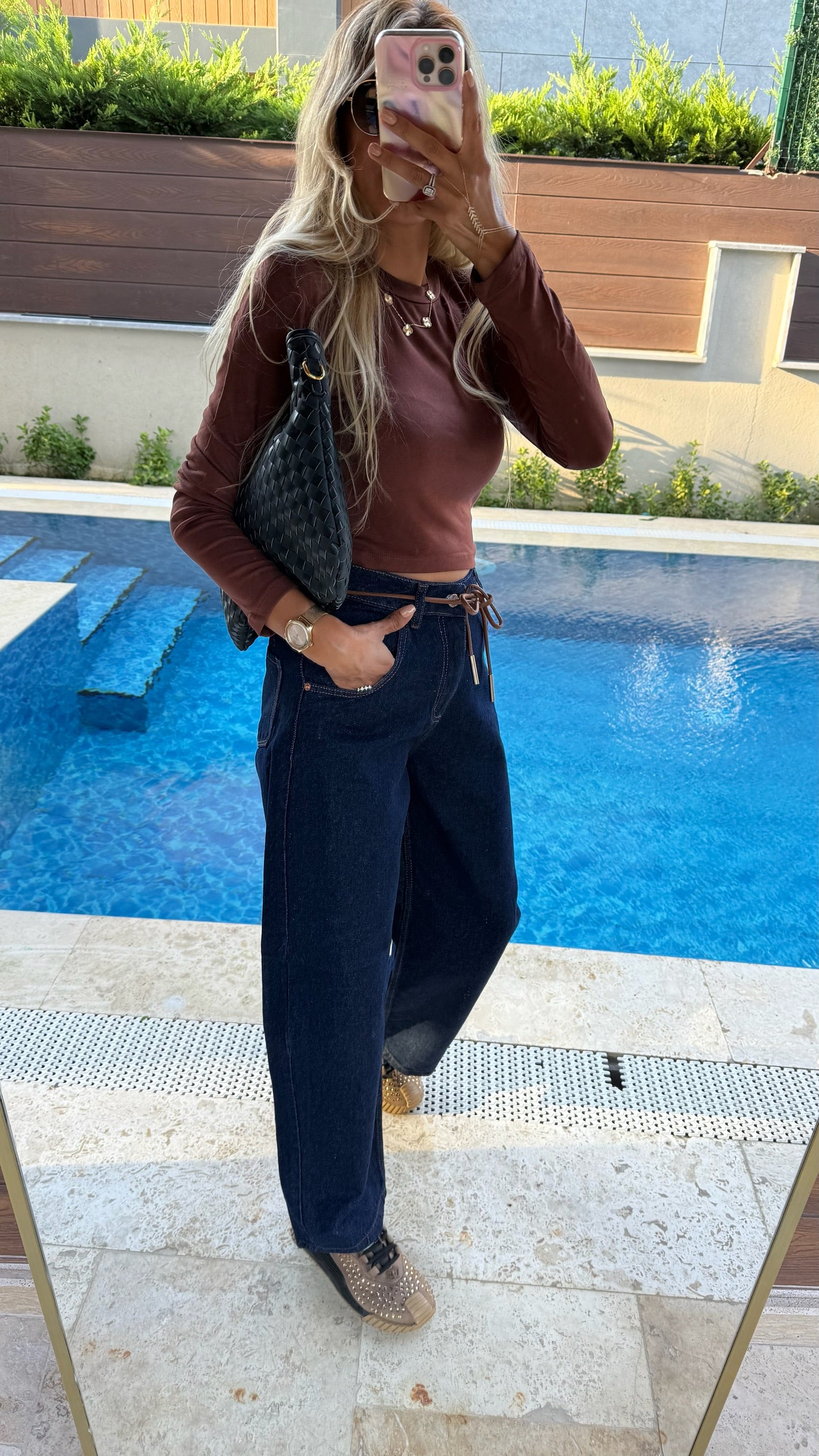 Koyu Lacivert İpli Wide Leg Jean