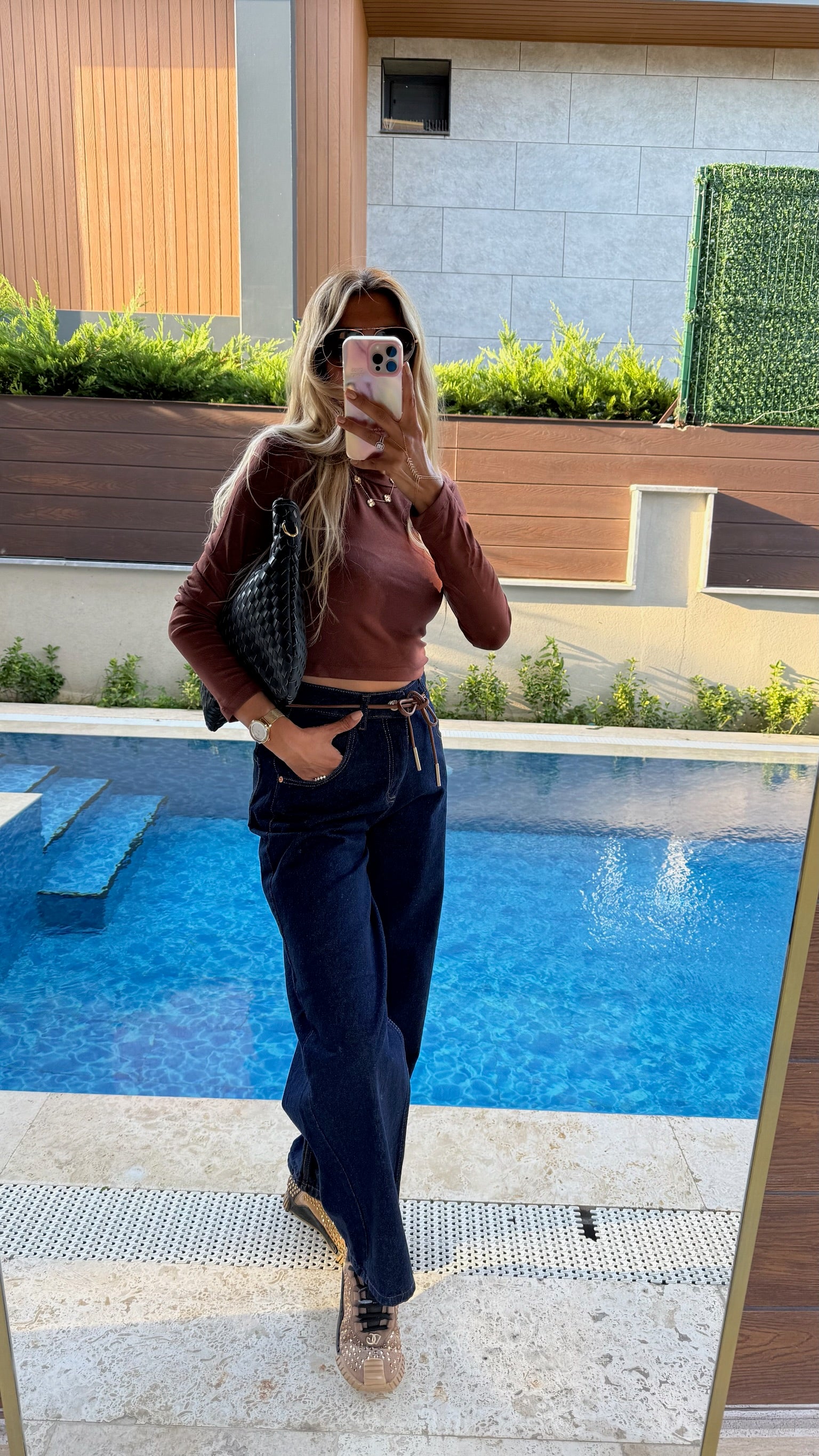 Koyu Lacivert İpli Wide Leg Jean
