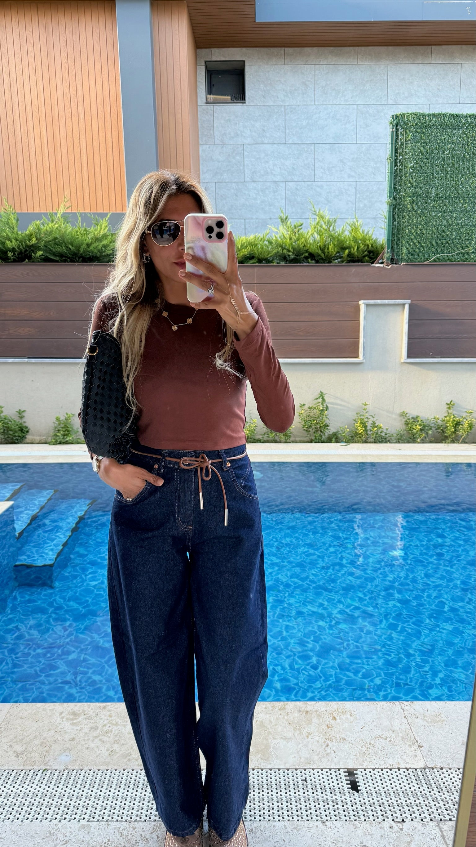Koyu Lacivert İpli Wide Leg Jean