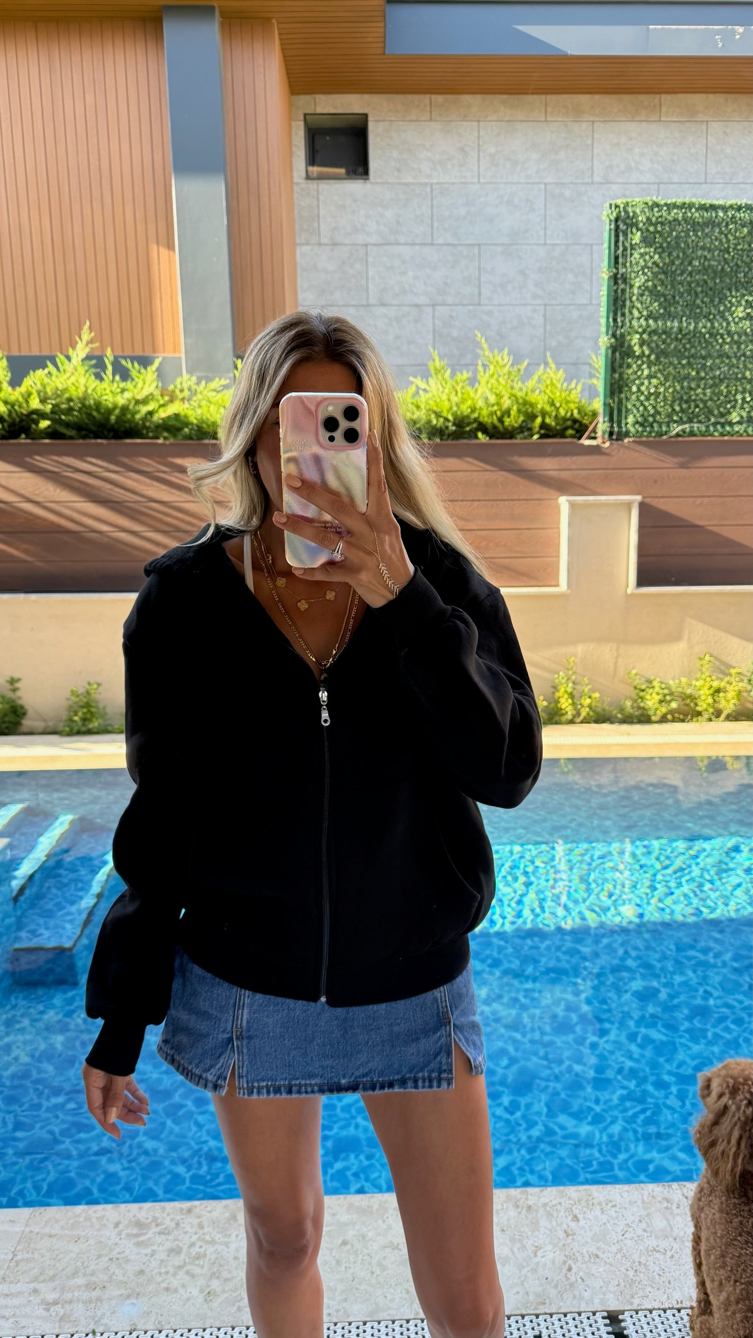 Basic Fermuarlı Kapüşonlu Sweatshirt - Siyah