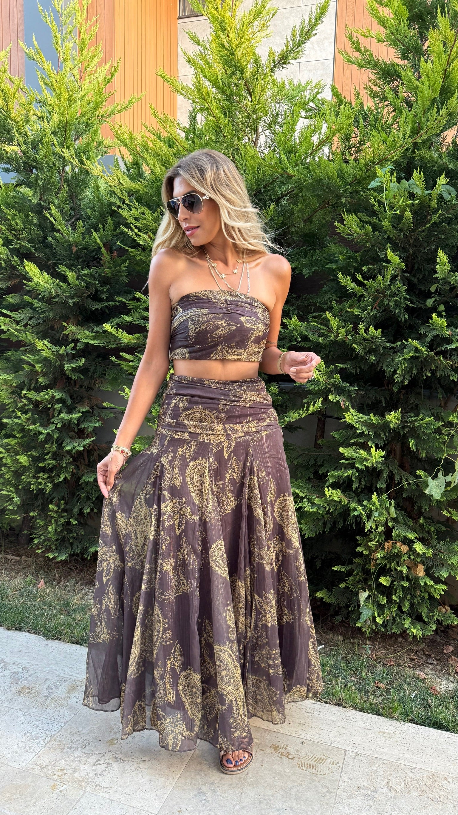 Bohemian Desenli İkili Set – Büstiyer & Uzun Etek