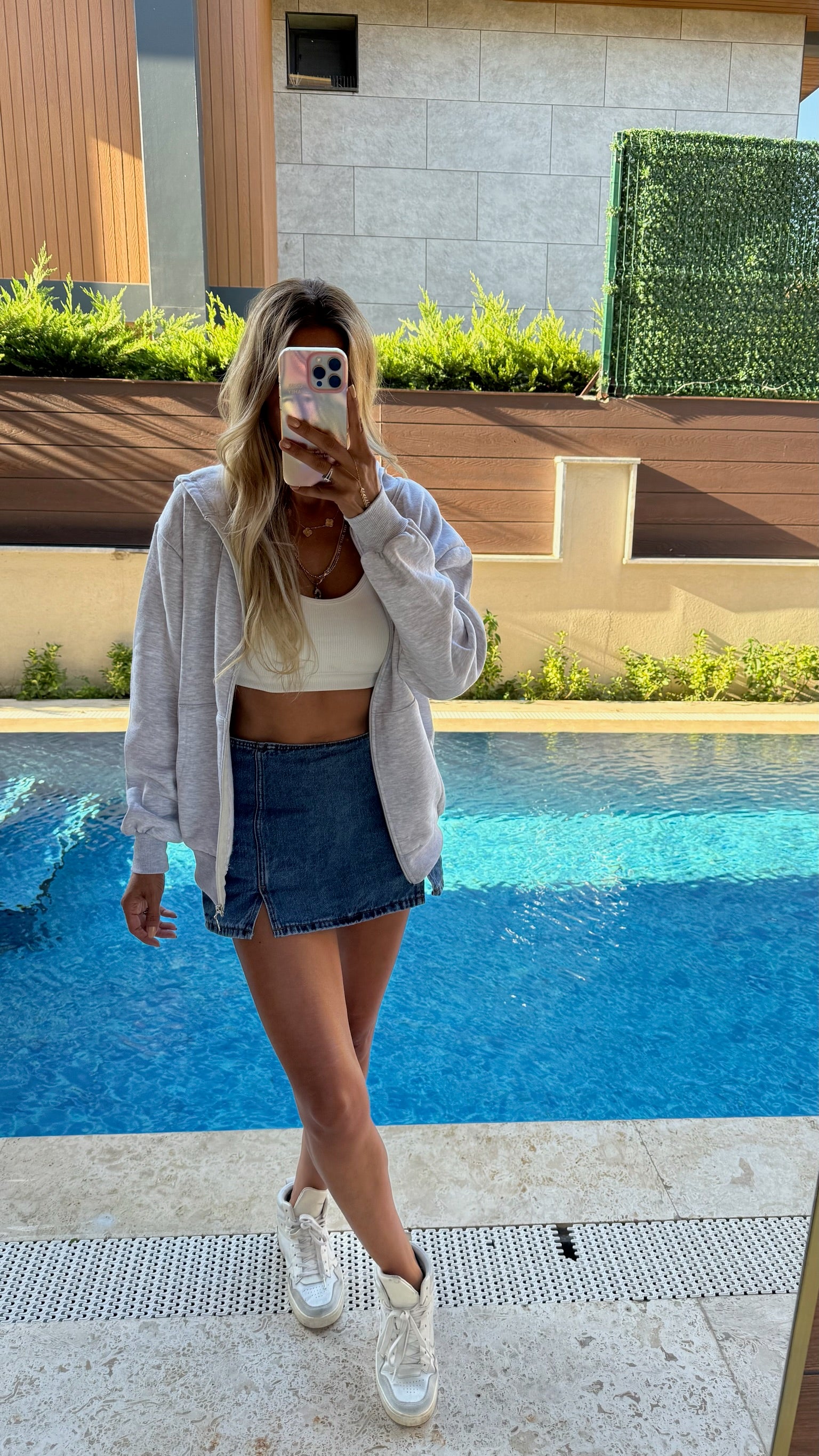 Basic Fermuarlı Kapüşonlu Sweatshirt - Gri Melanj