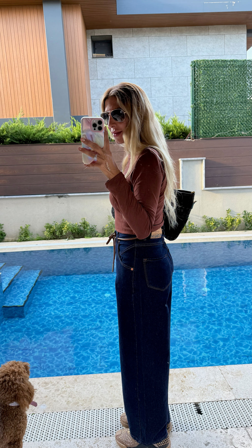 Koyu Lacivert İpli Wide Leg Jean