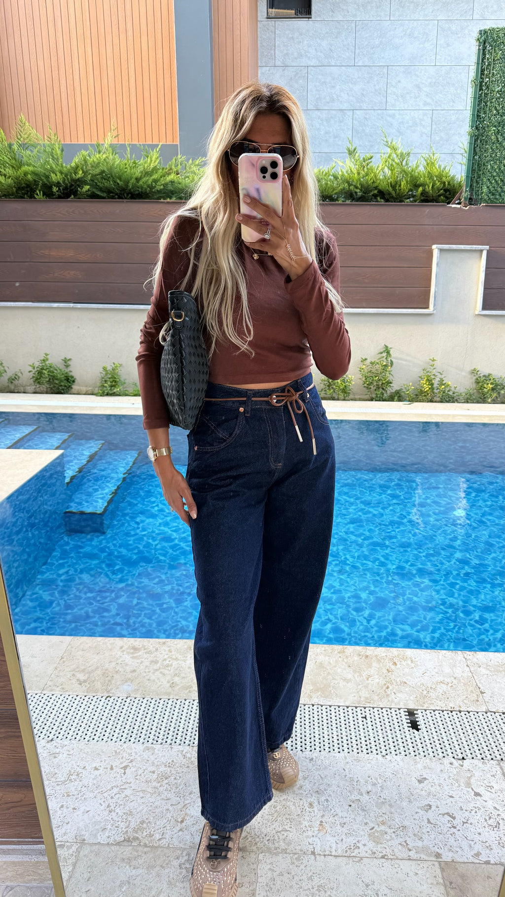 Koyu Lacivert İpli Wide Leg Jean