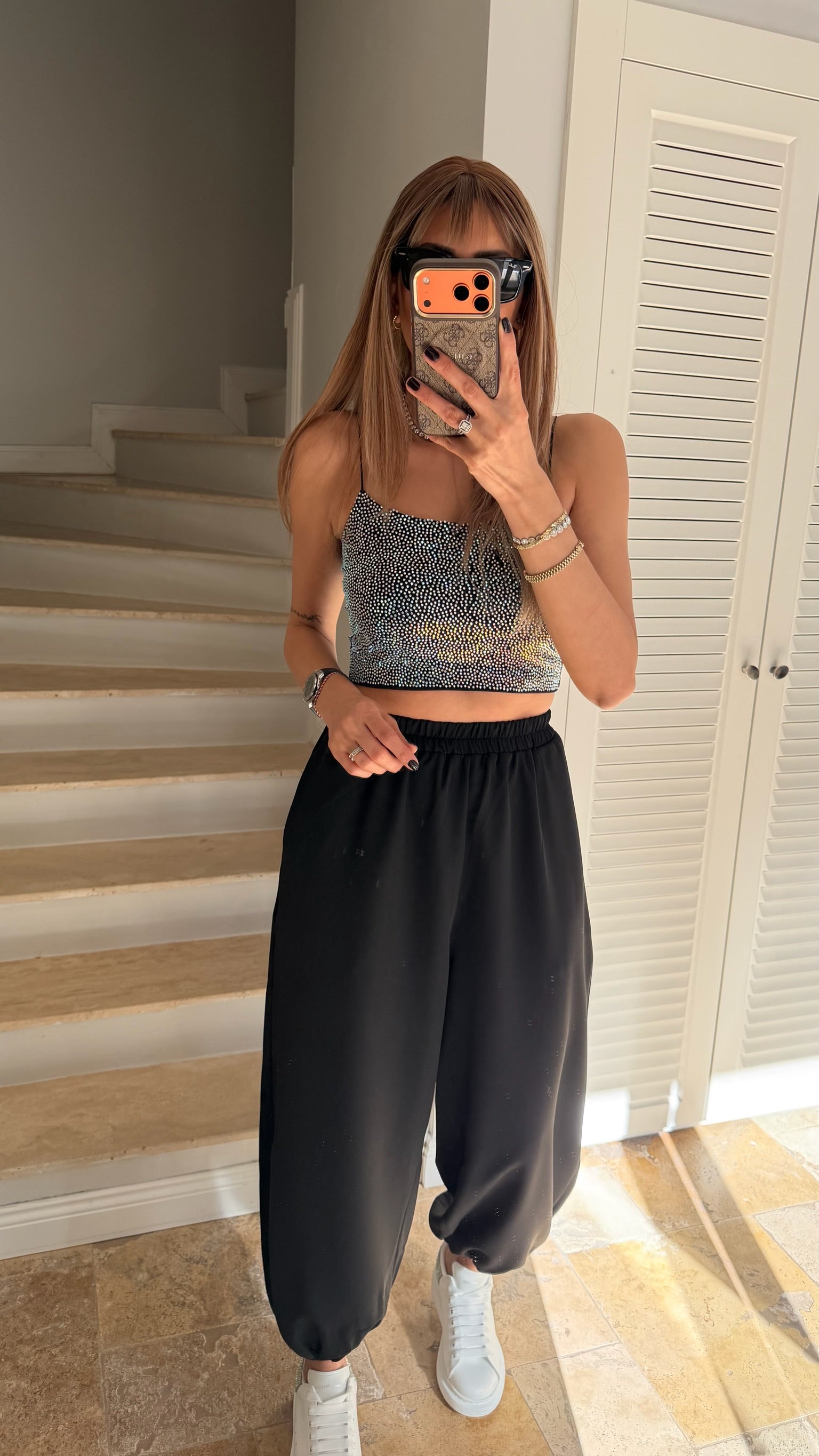 İp Askılı Taş Detaylı Crop Siyah