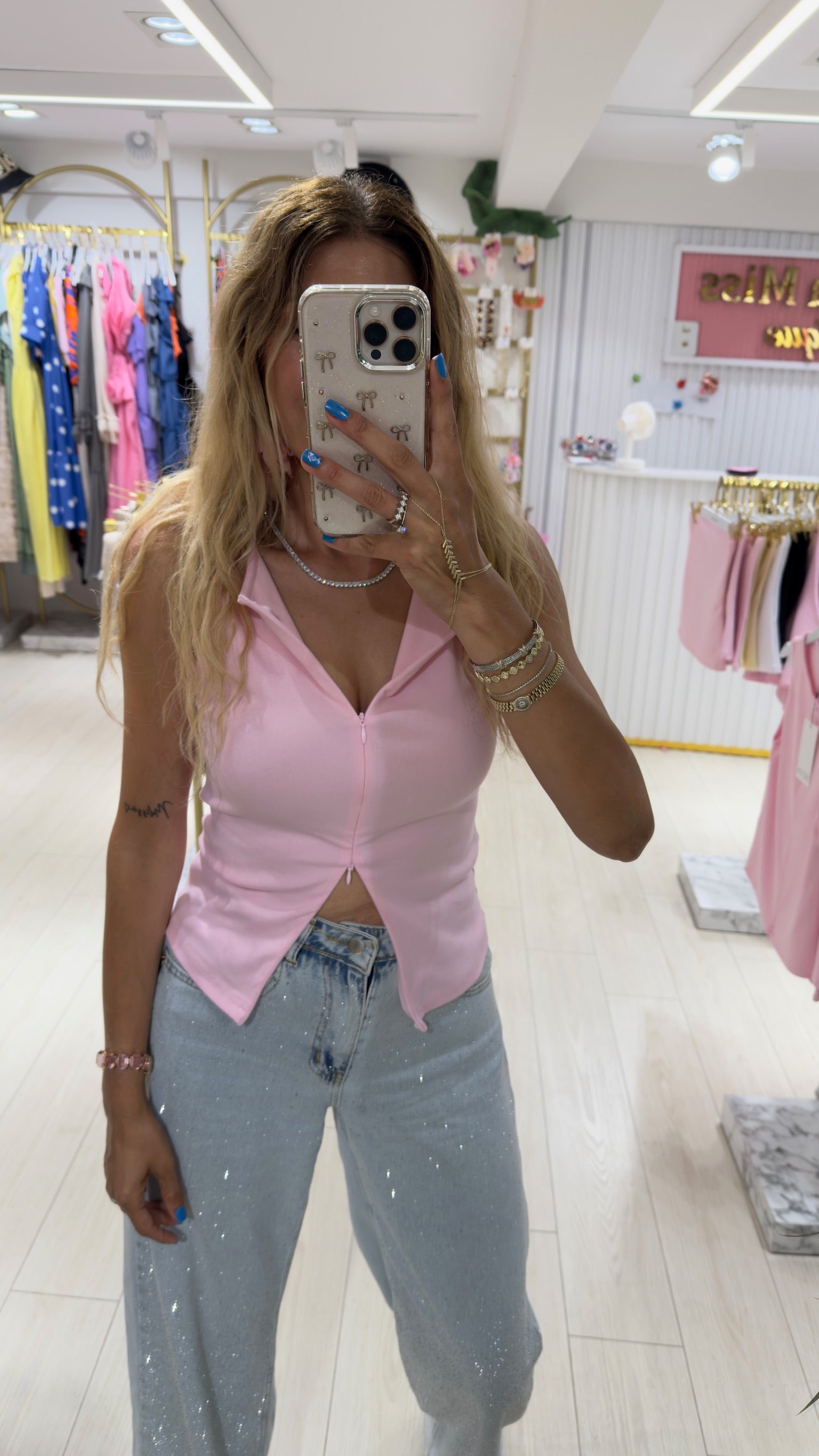 Candy Crush Polo Yaka Pembe Crop Bluz