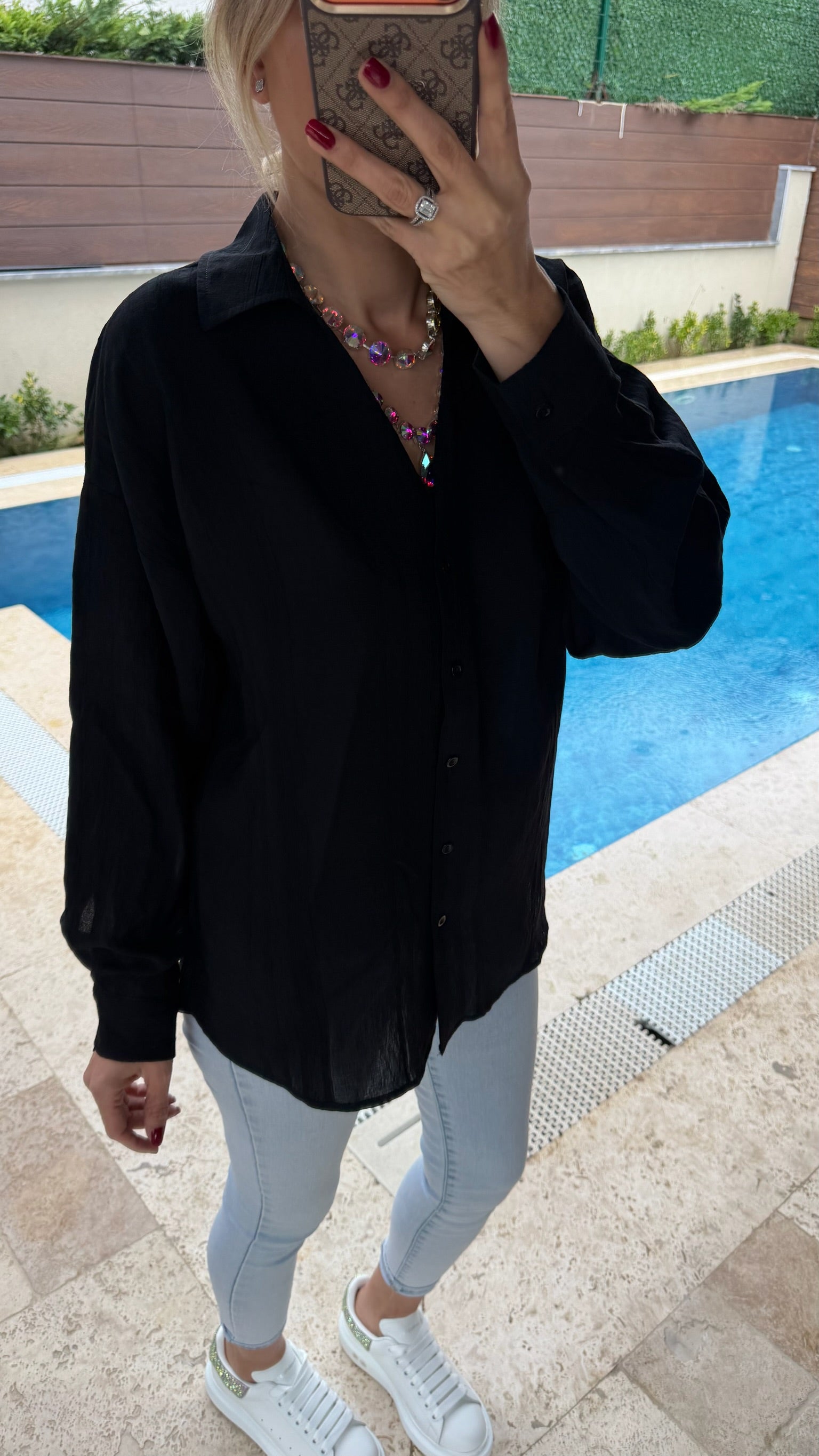 Kendinden Desenli Transparan Gömlek Siyah