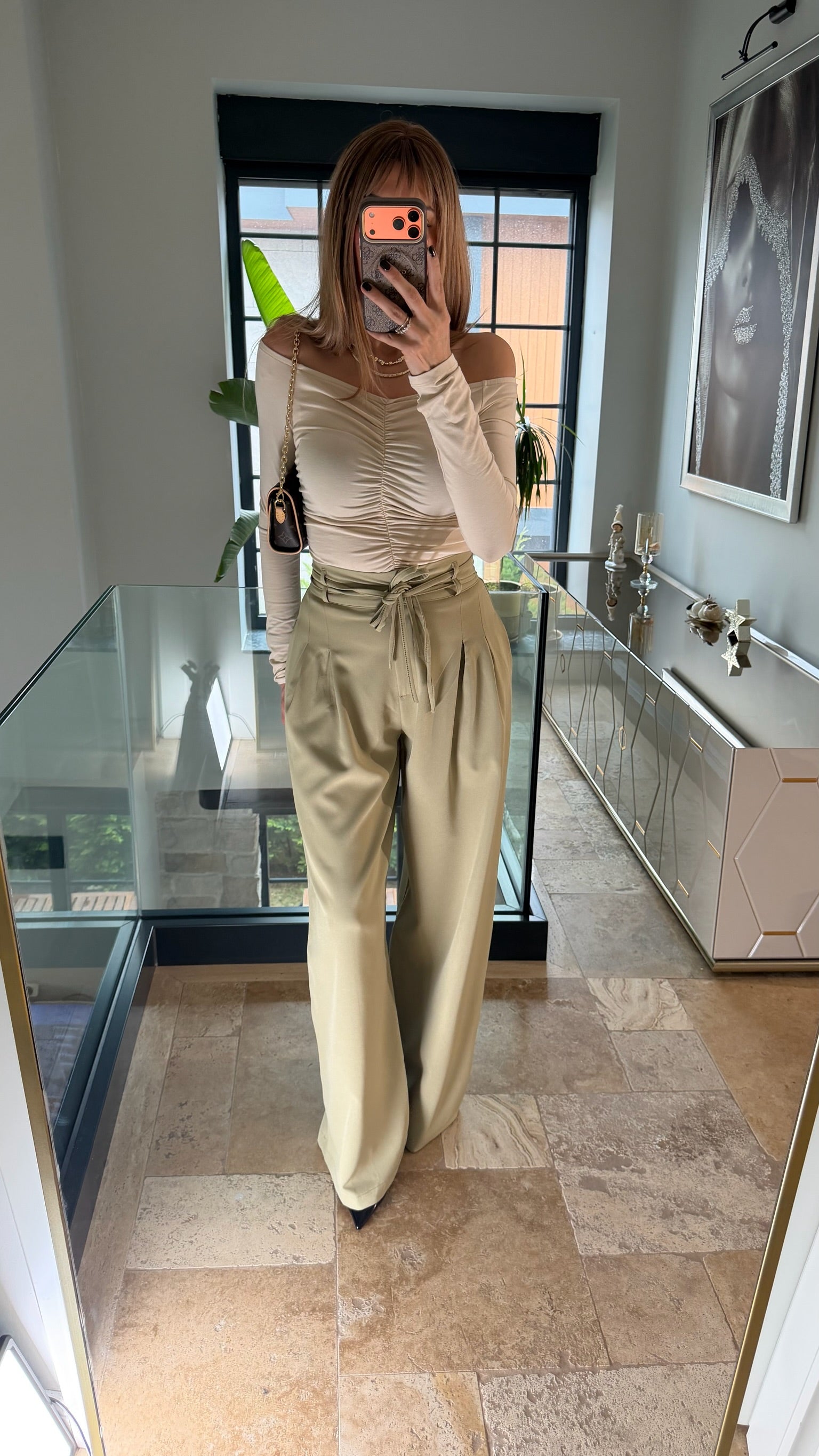 Çift Bağcıklı Kemerli Palazzo Pantolon Haki