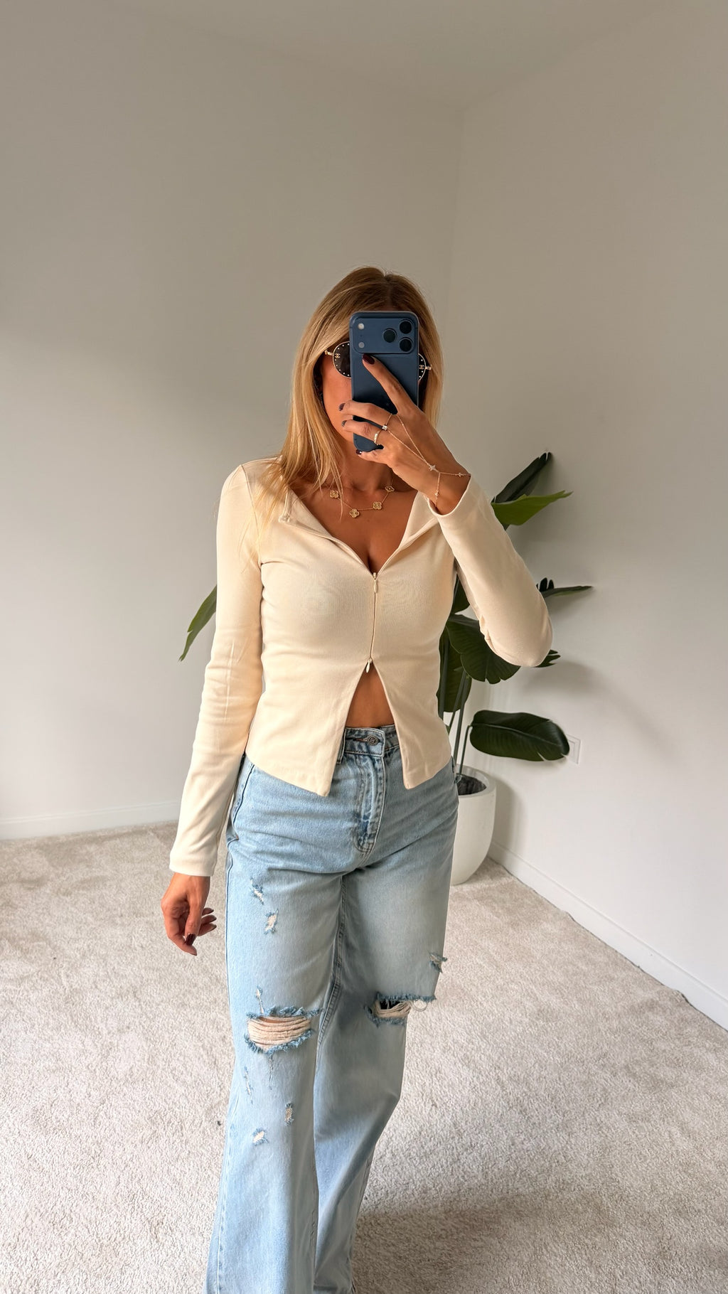 DİLVİN Fermuar Detaylı Bluz Bej