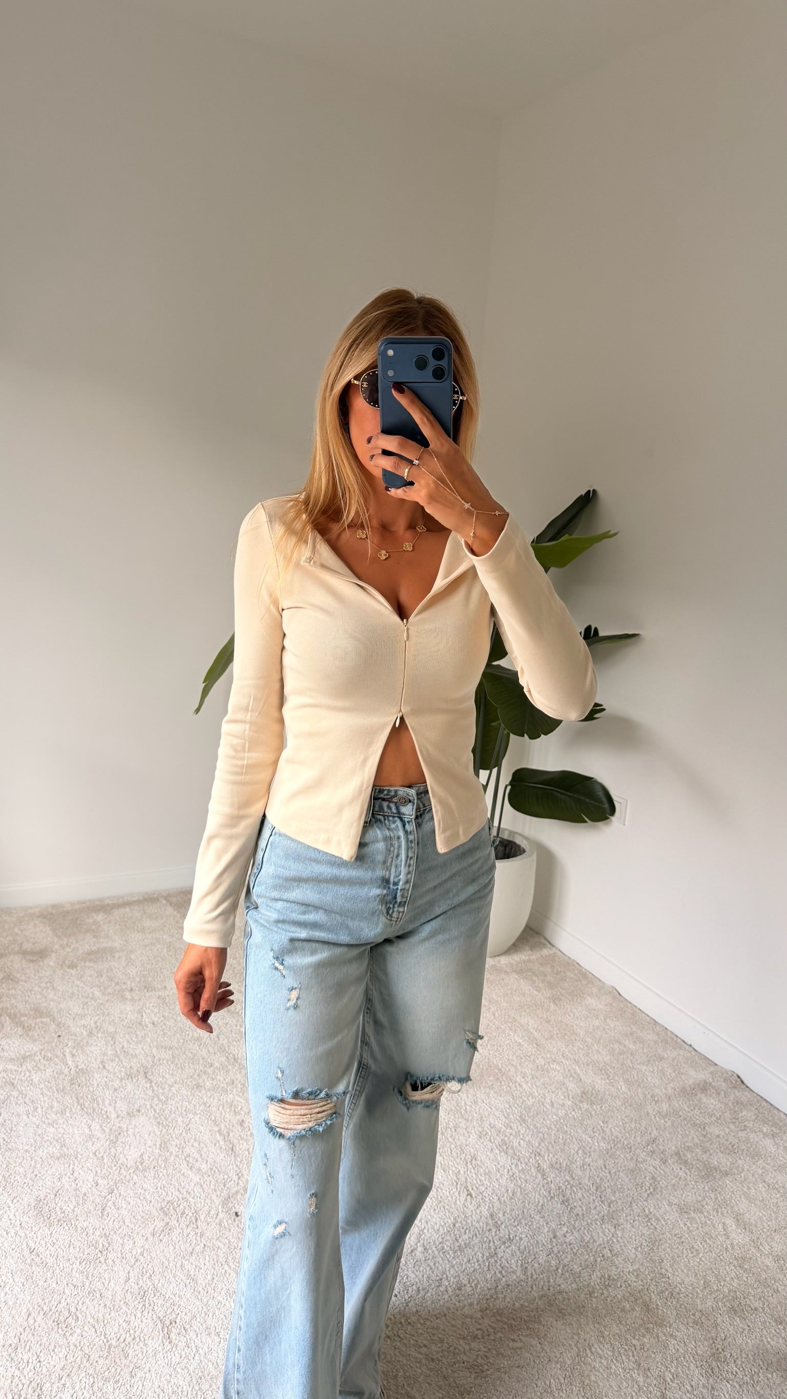 DİLVİN Fermuar Detaylı Bluz Bej