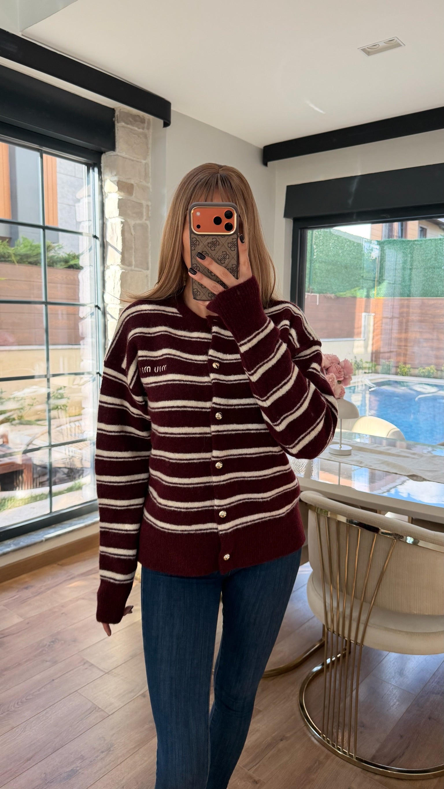 MM Yumoş Gold Düğmeli Şeritli Hırka Bordo