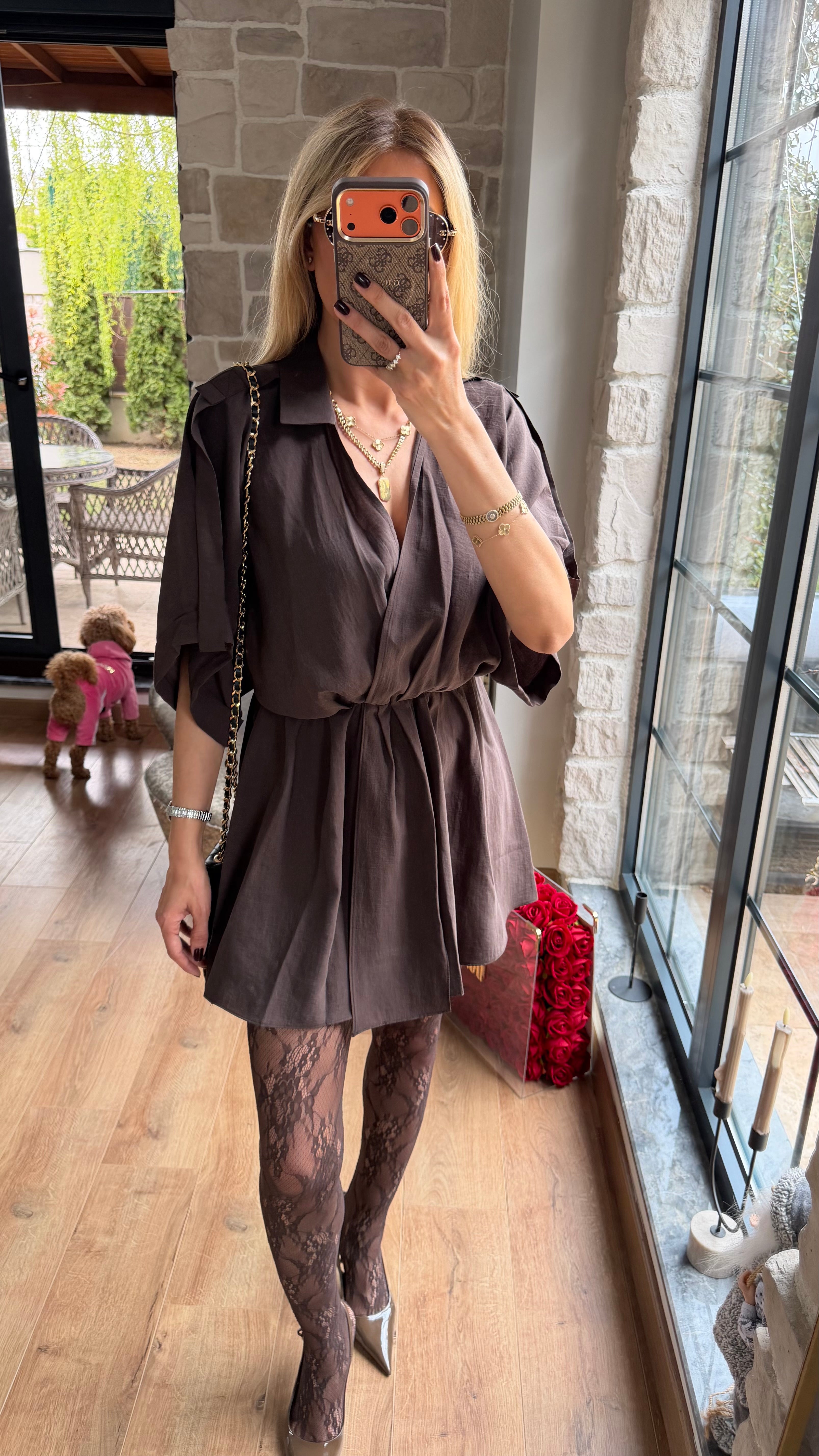 Modal V Yaka Belden Büzgülü Salaş Kesim Mini Elbise Acı Kahve