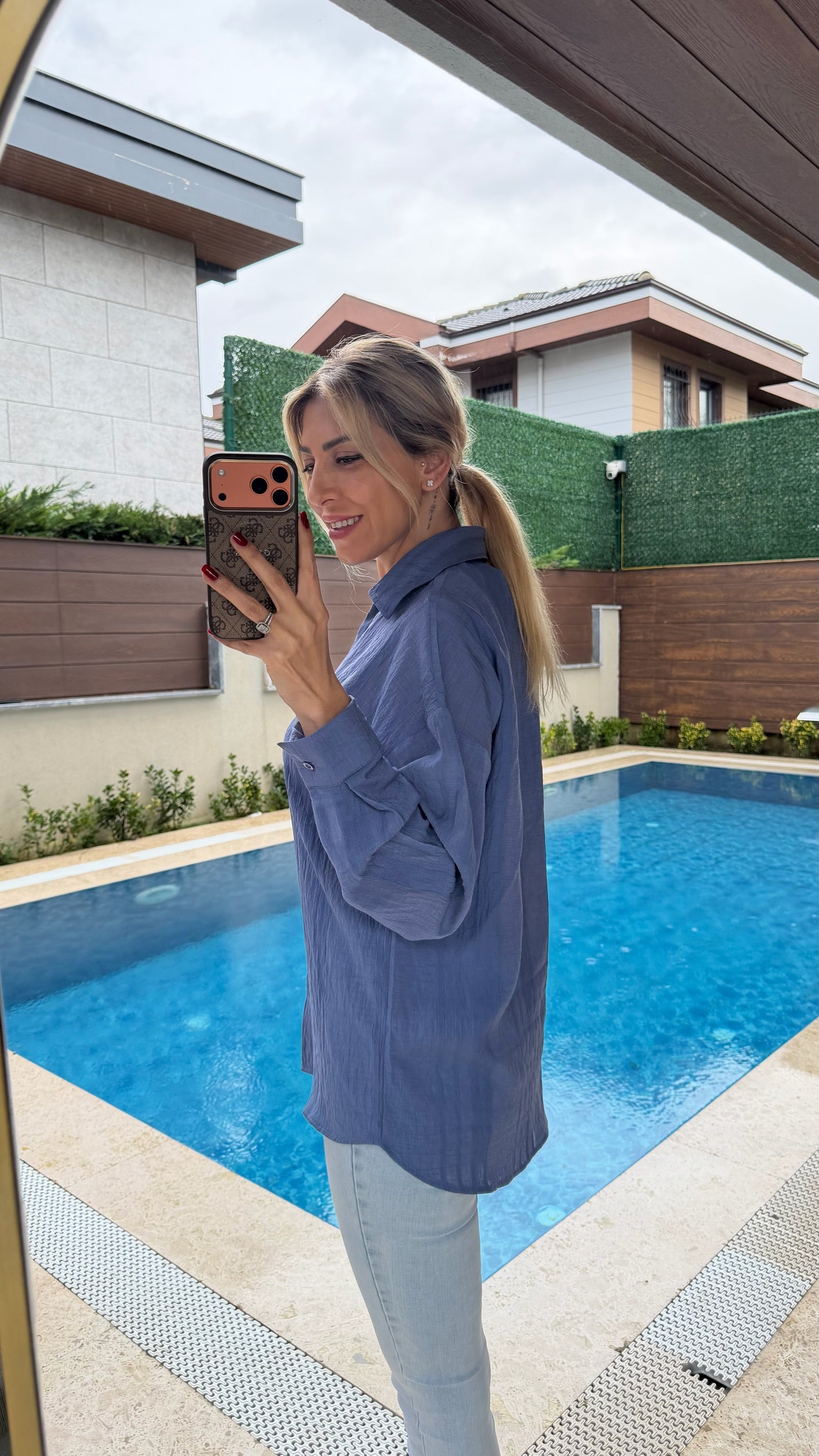 Kendinden Desenli Transparan Gömlek Mavi