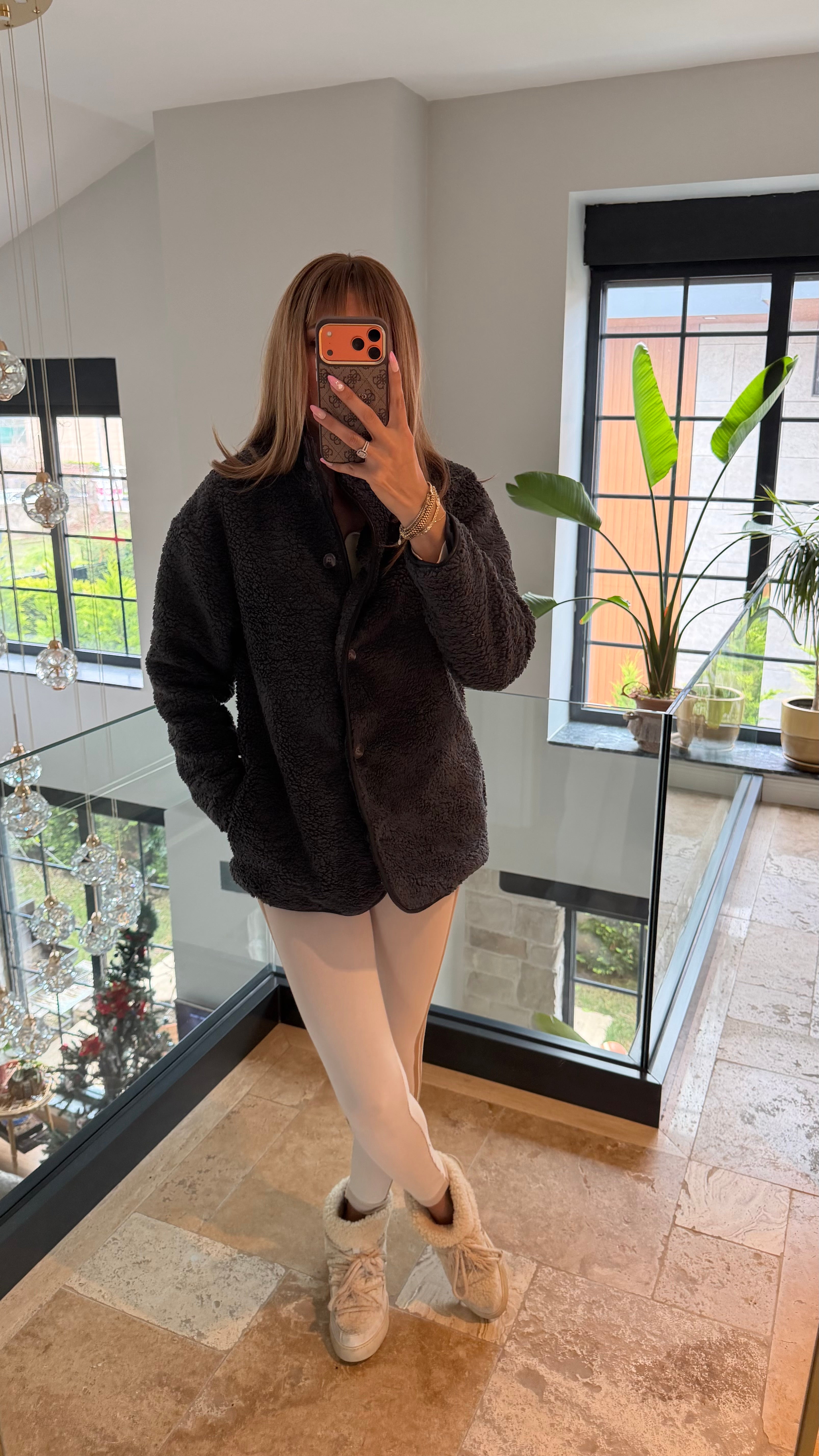 Düğmeli Deri Detaylı Peluş Oversize Ceket Antrasit