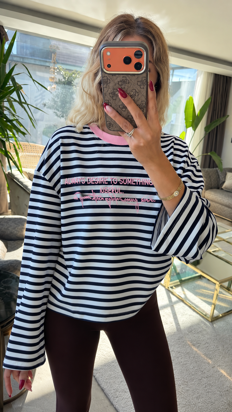 Mimoza Çizgili Yazı Detaylı Pembe Sweat