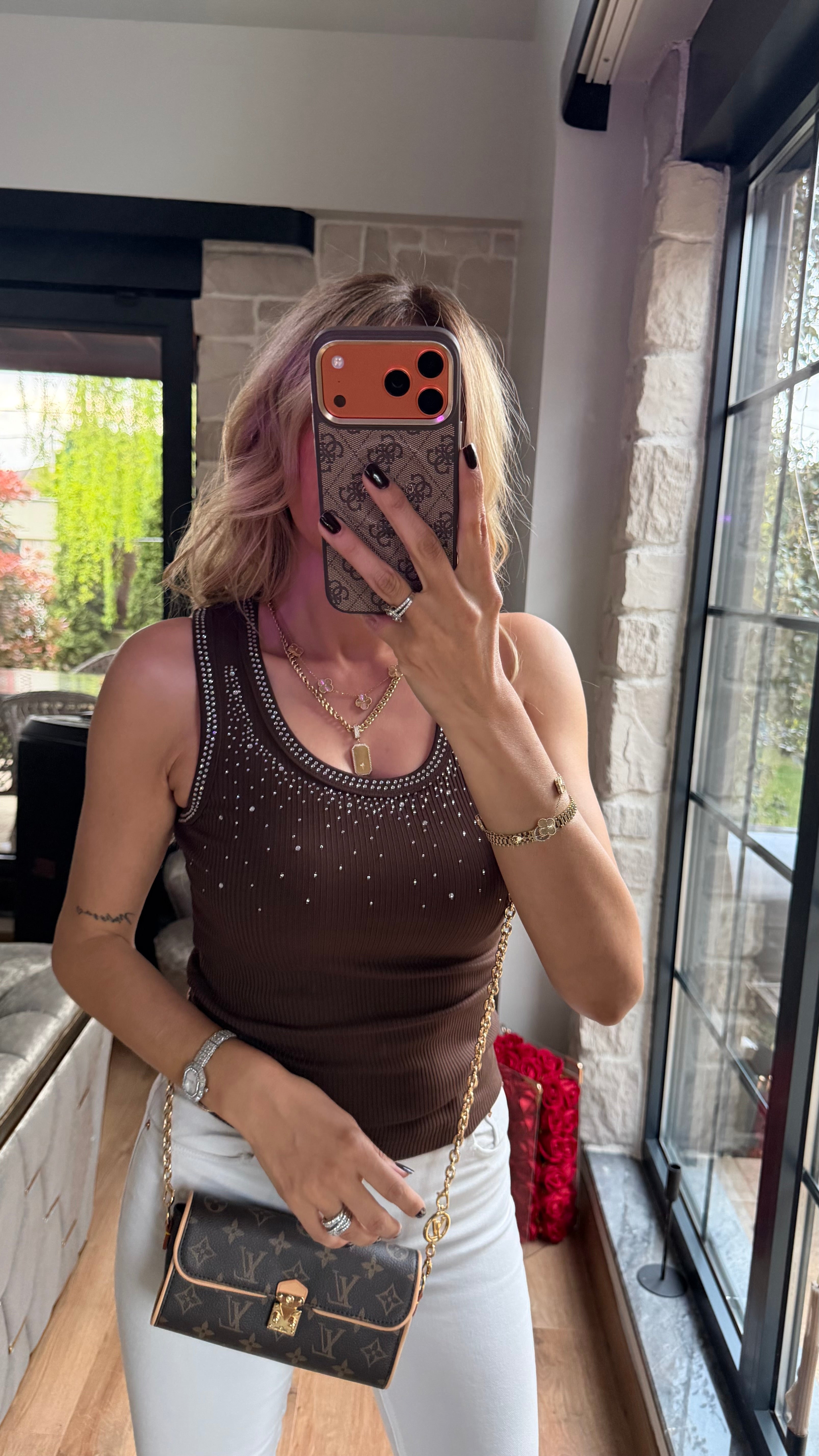 Dağınık Taş Detay Atlet Acıkahve