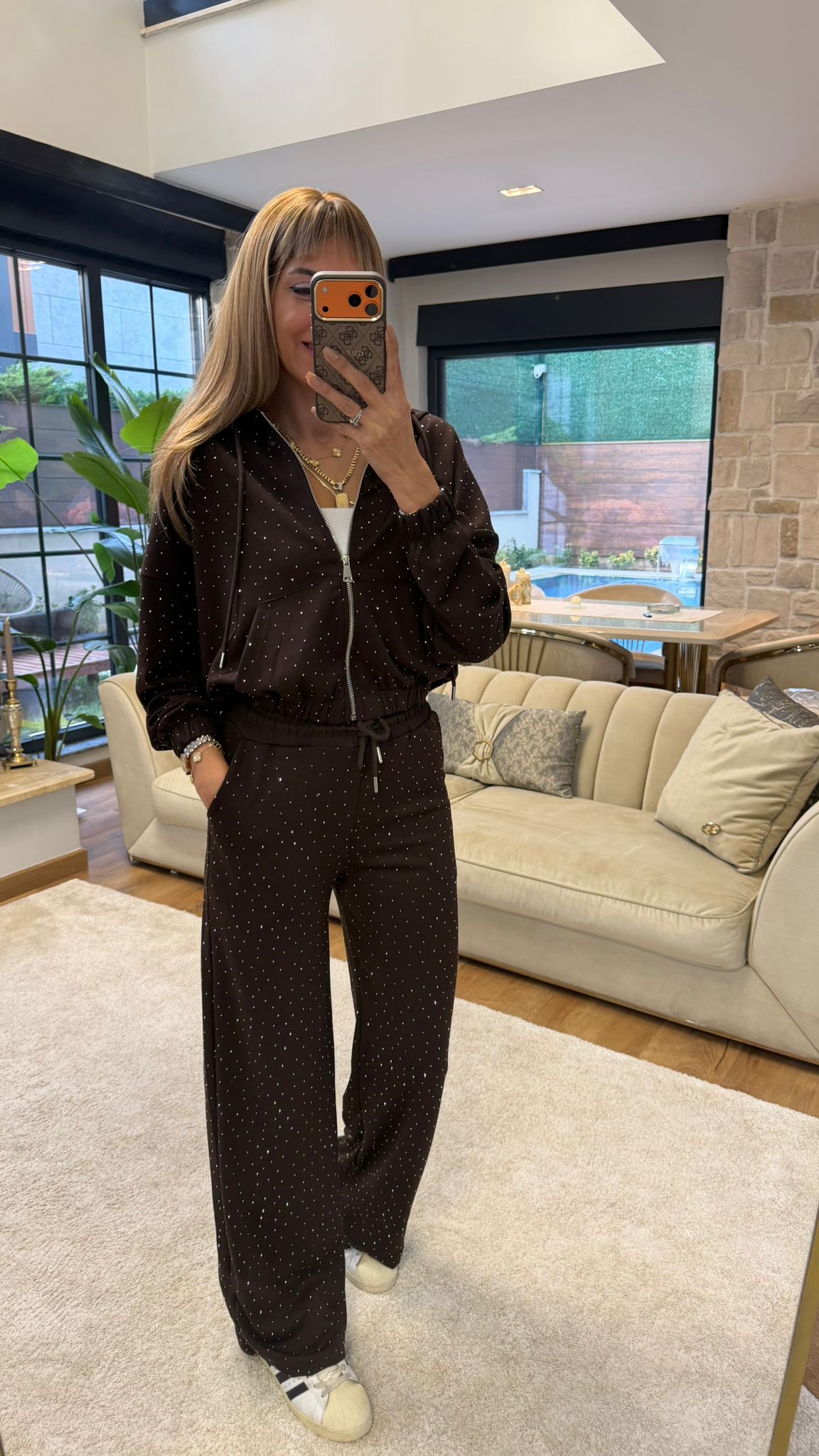 Fermuarlı Kapüşonlu Taşlı İkili Takım Acı Kahve