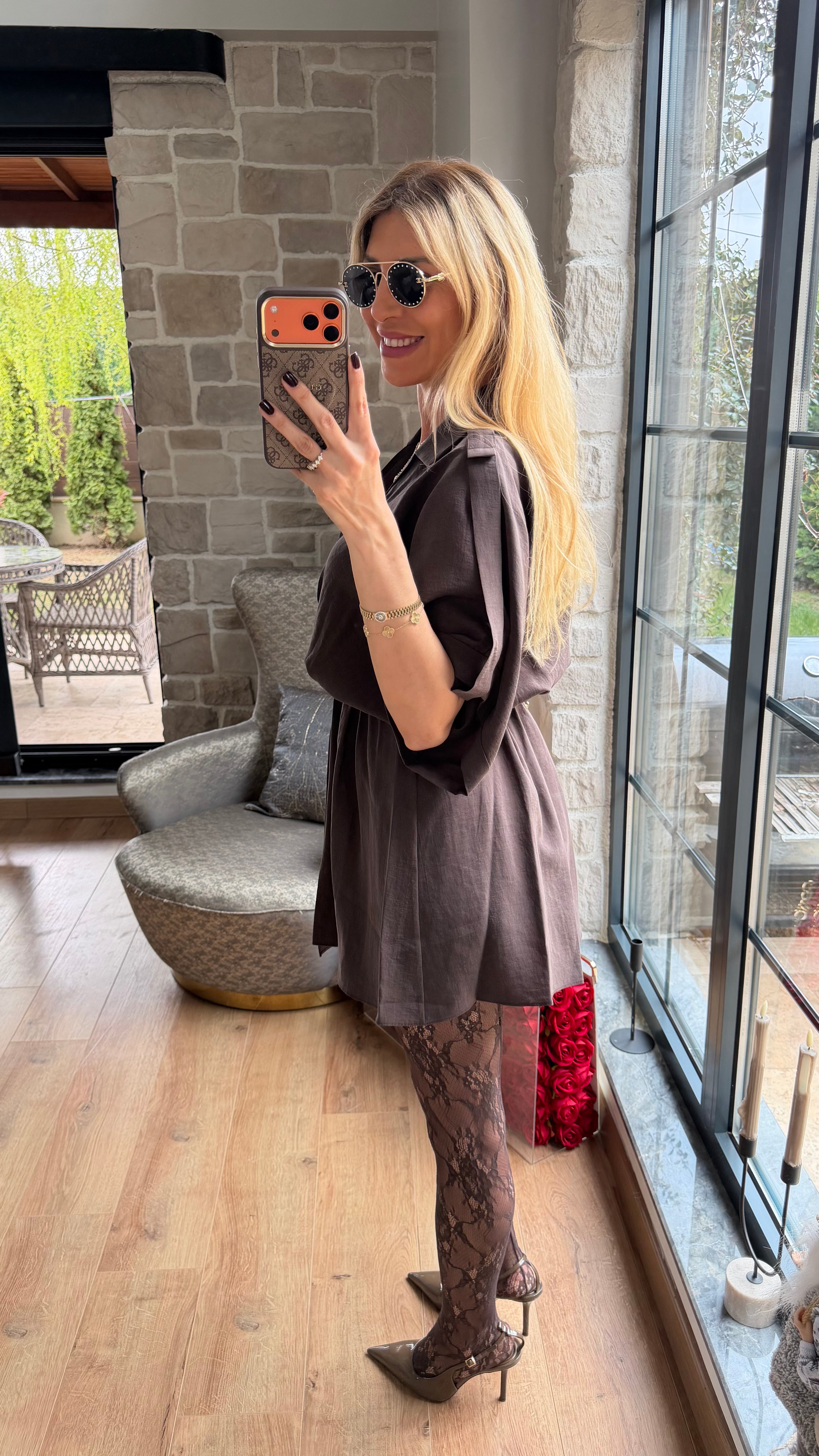 Modal V Yaka Belden Büzgülü Salaş Kesim Mini Elbise Acı Kahve