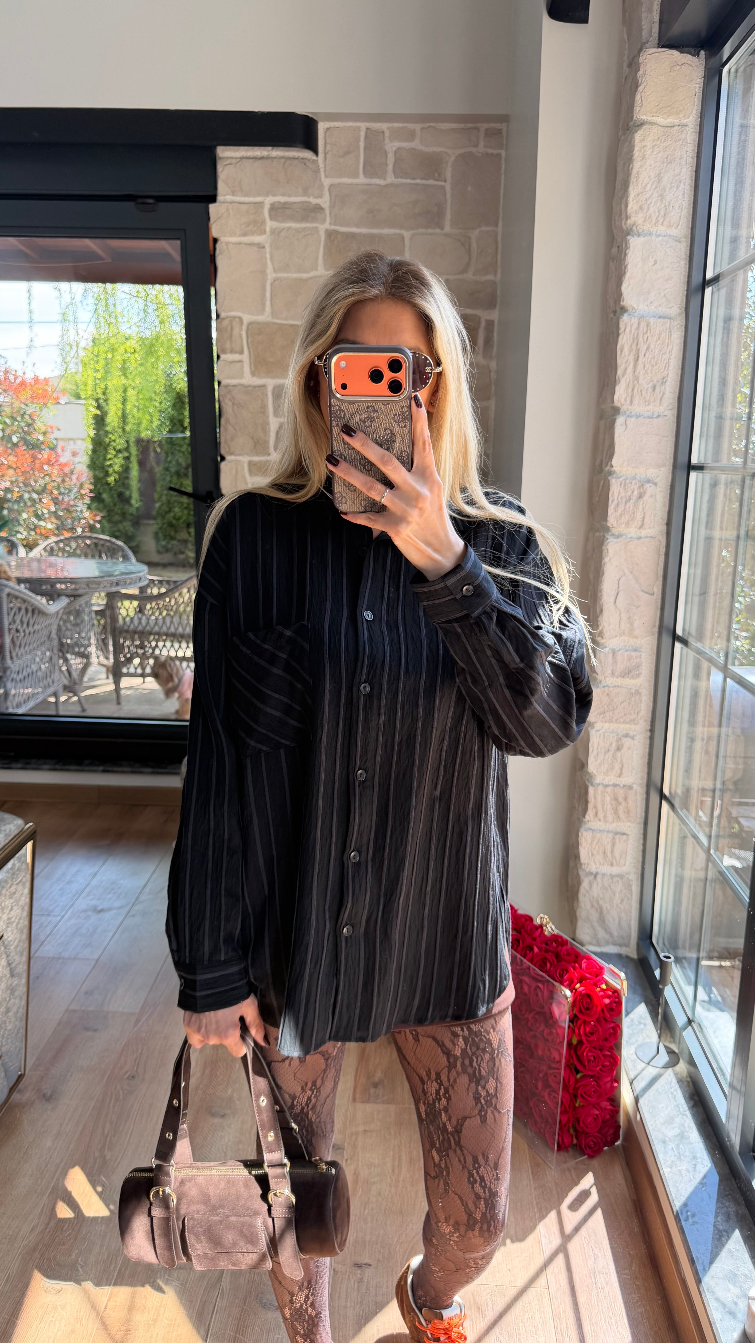 Çizgili Viskon Gömlek Siyah