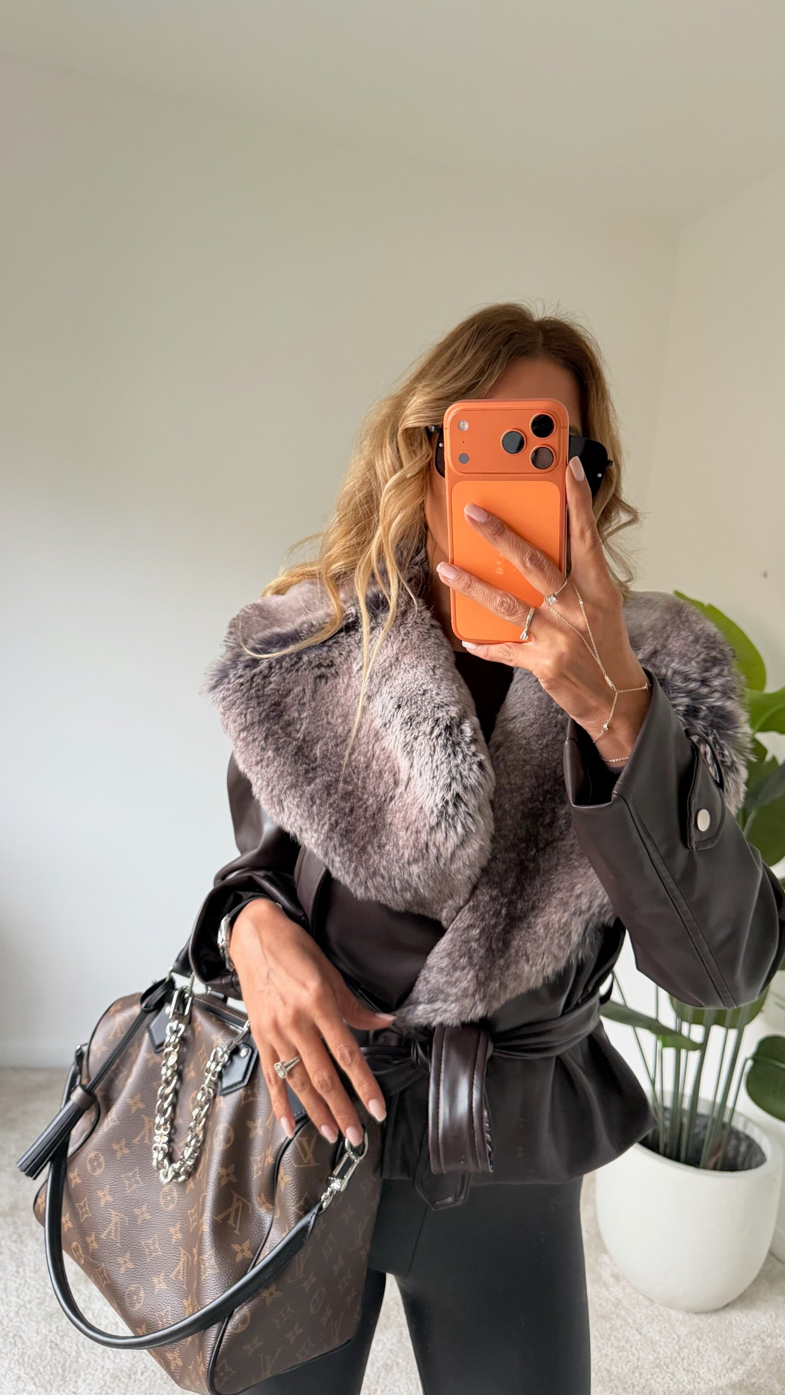 Premium Yakası Kürk Detaylı Deri Ceket Acı Kahve