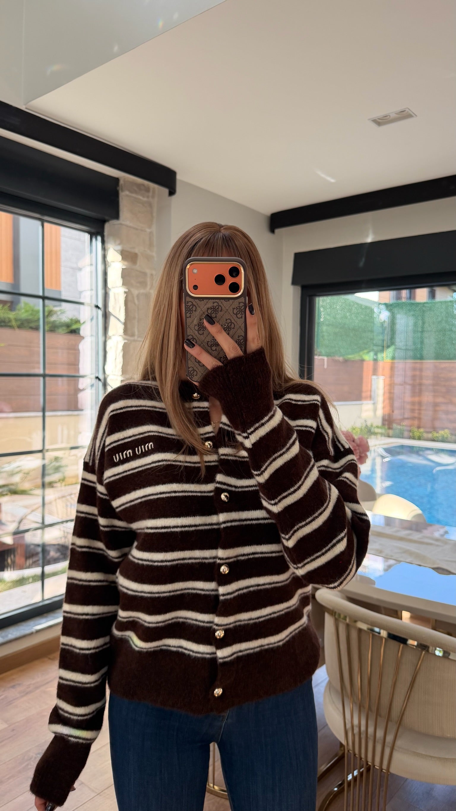 MM Yumoş Gold Düğmeli Şeritli Hırka Kahve