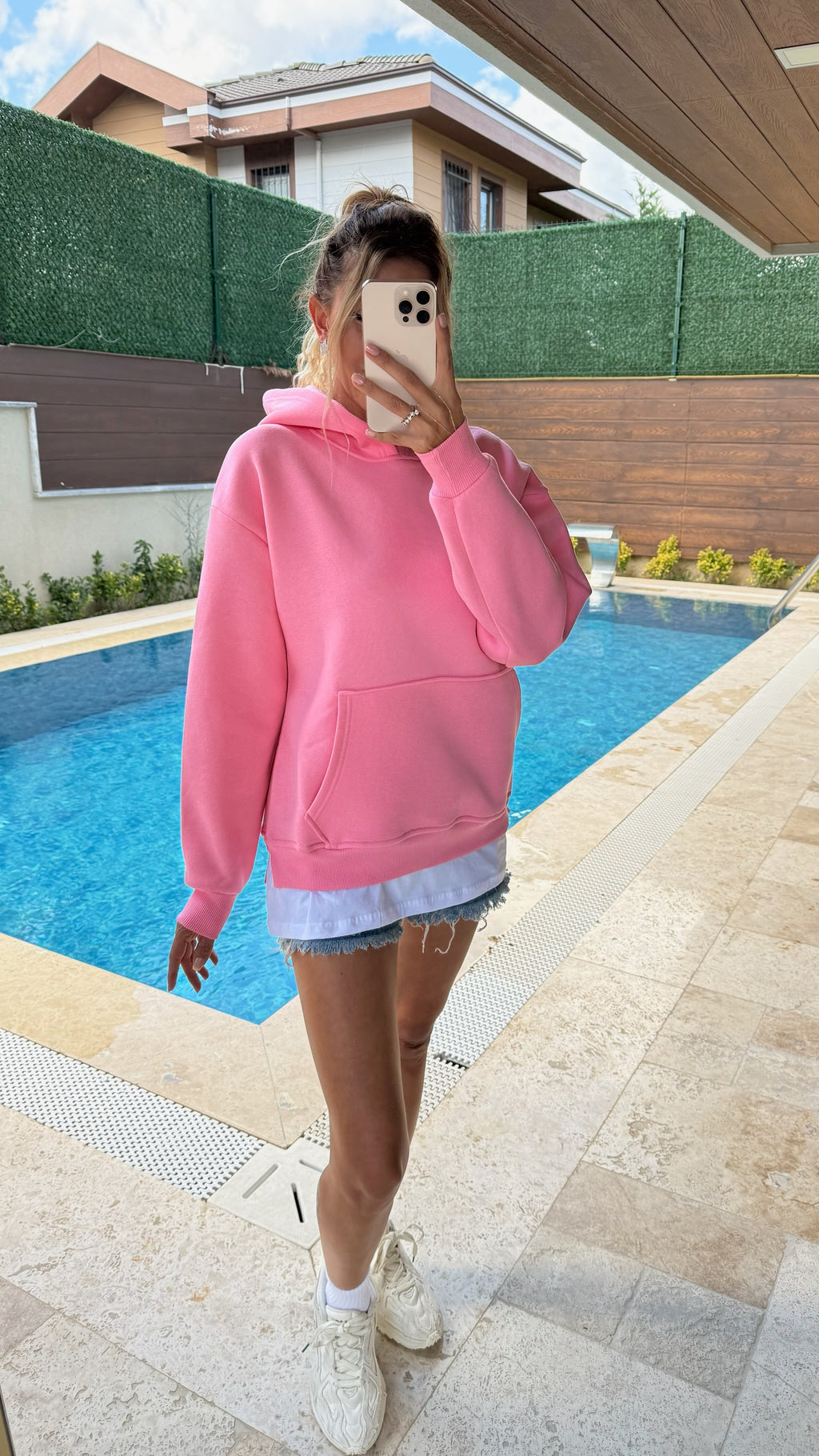 Tişört Detaylı Kapüşonlu Sweatshirt Pembe