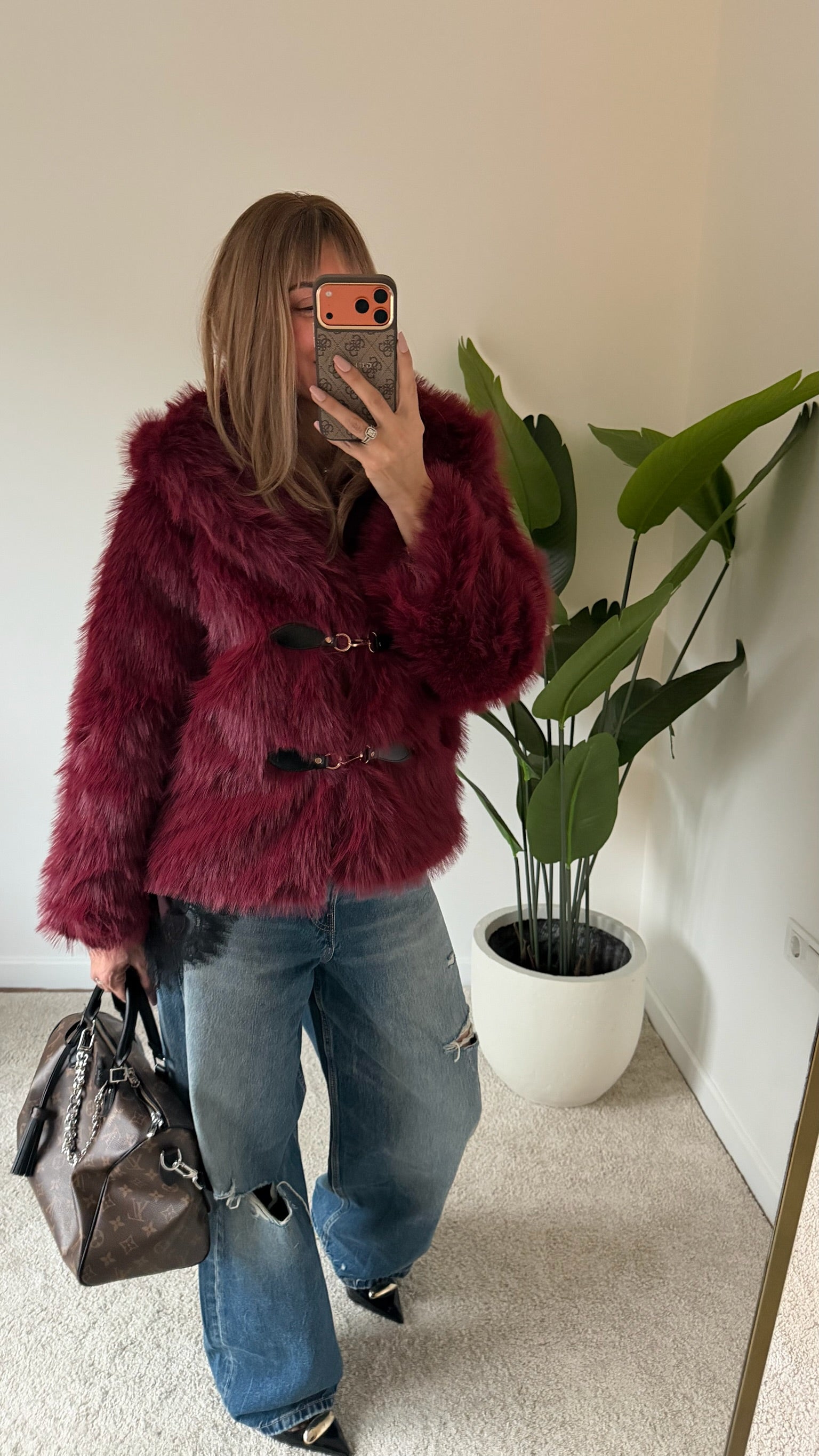 Kemer Detaylı Premium Süni Kürk Bordo