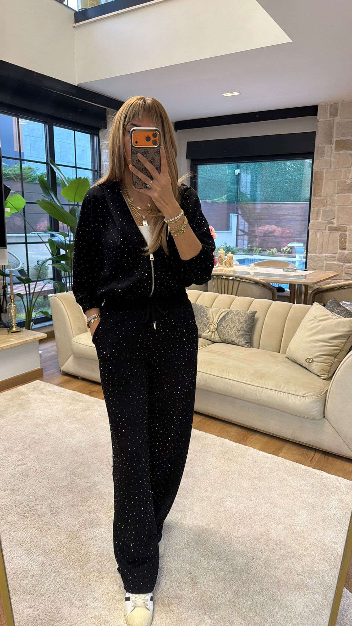 Fermuarlı Kapüşonlu Taşlı İkili Takım Siyah