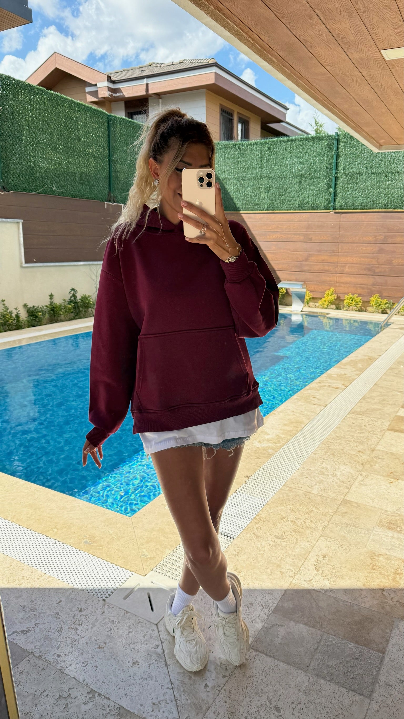 Tişört Detaylı Kapüşonlu Sweatshirt Bordo