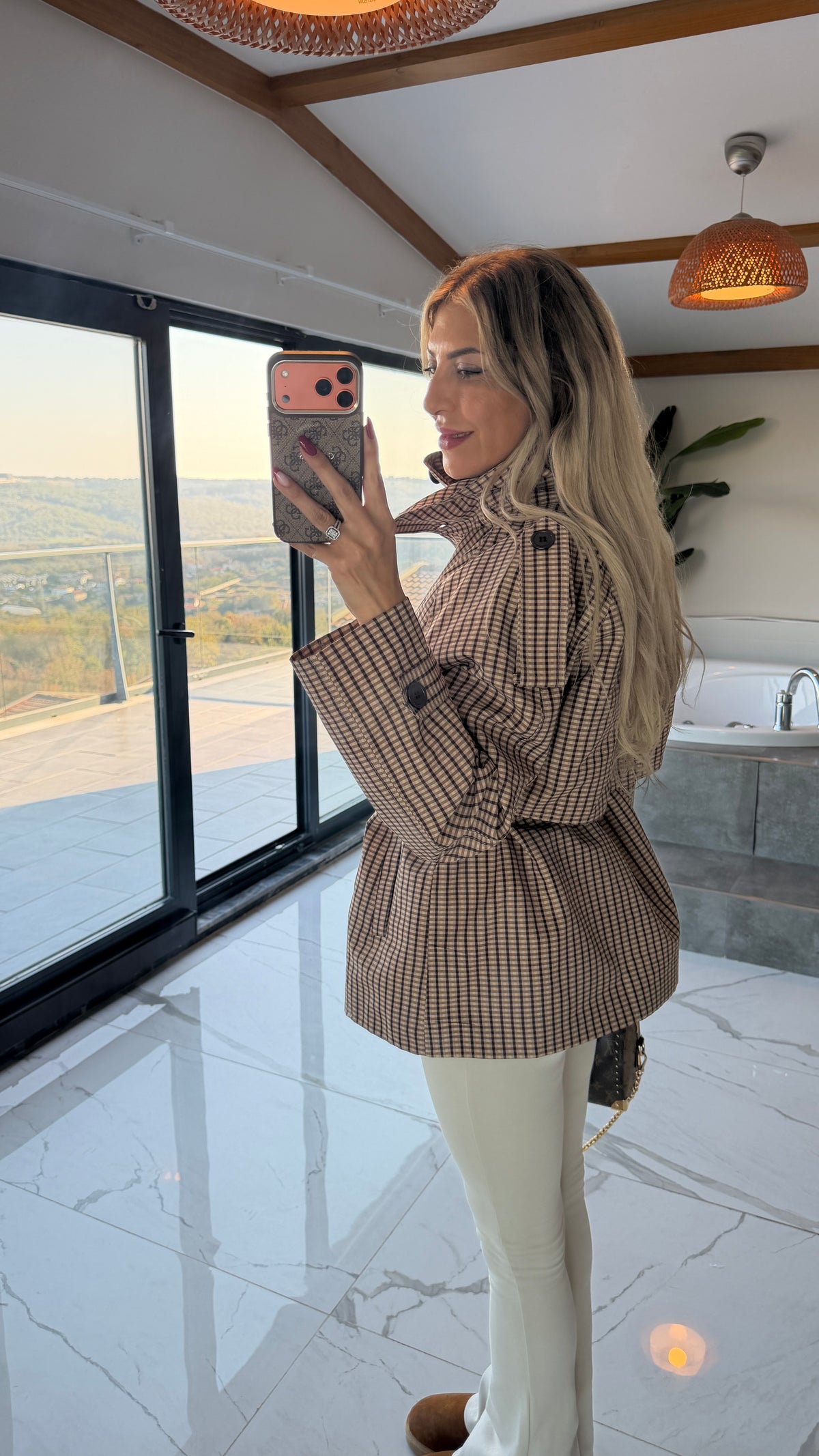 Kahverengi Ekose Desenli Kemerli Blazer Ceket