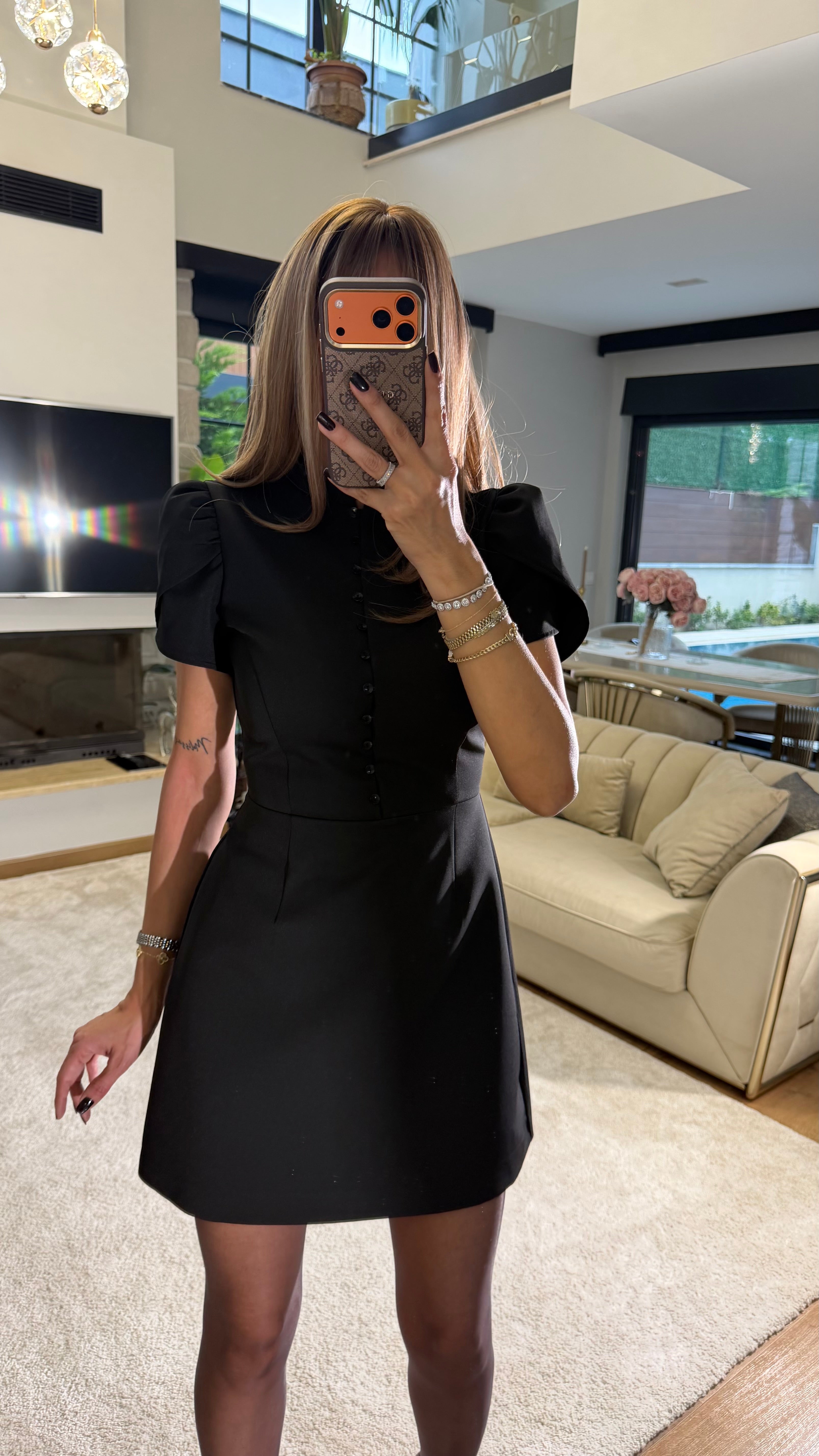 Brit Düğme Detaylı Mini Elbise - Siyah