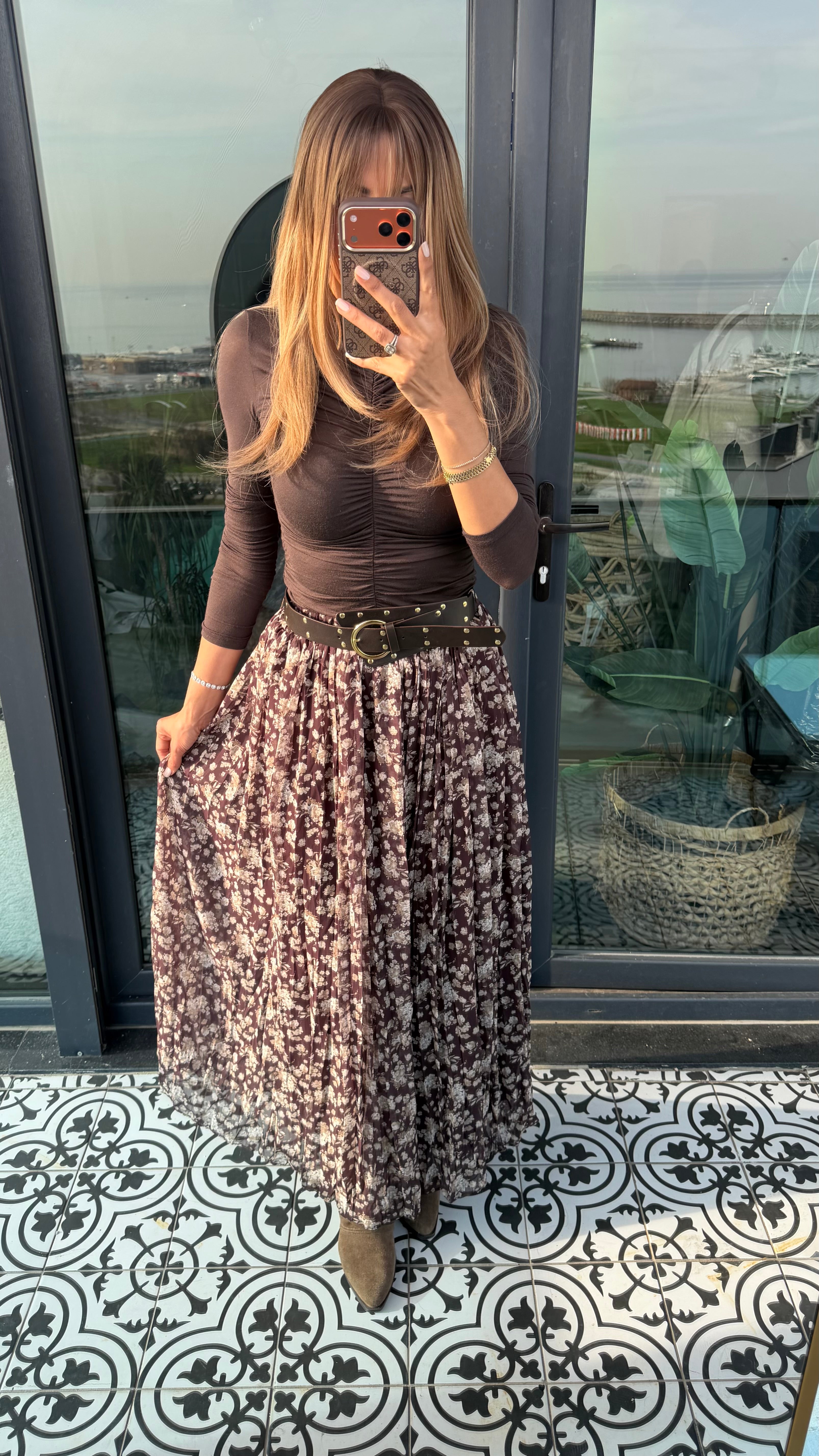 Kemerli Çıtır Desen  Kahve Uzun Etek