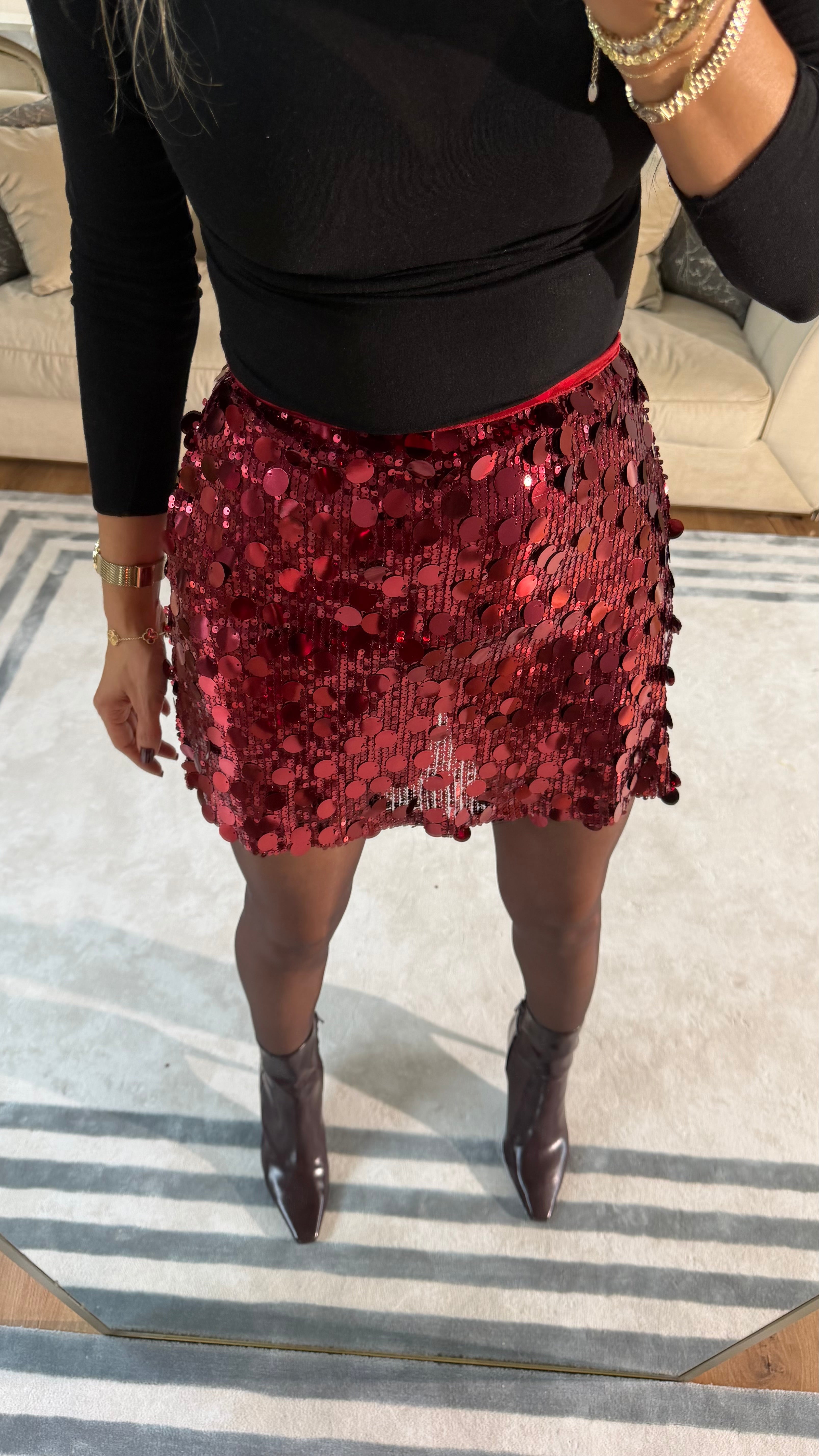 Mega Payetli Mini Etek Bordo
