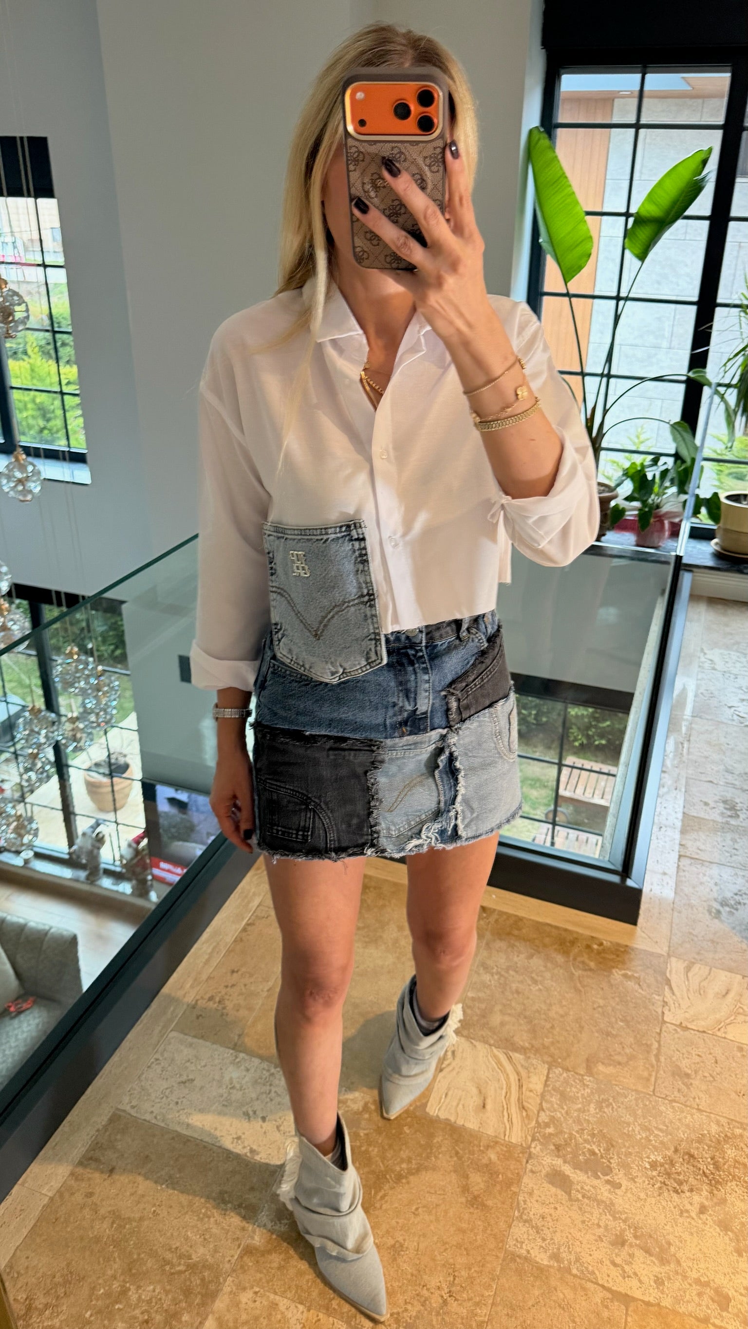 Kot Cep Detaylı Crop Gömlek Beyaz