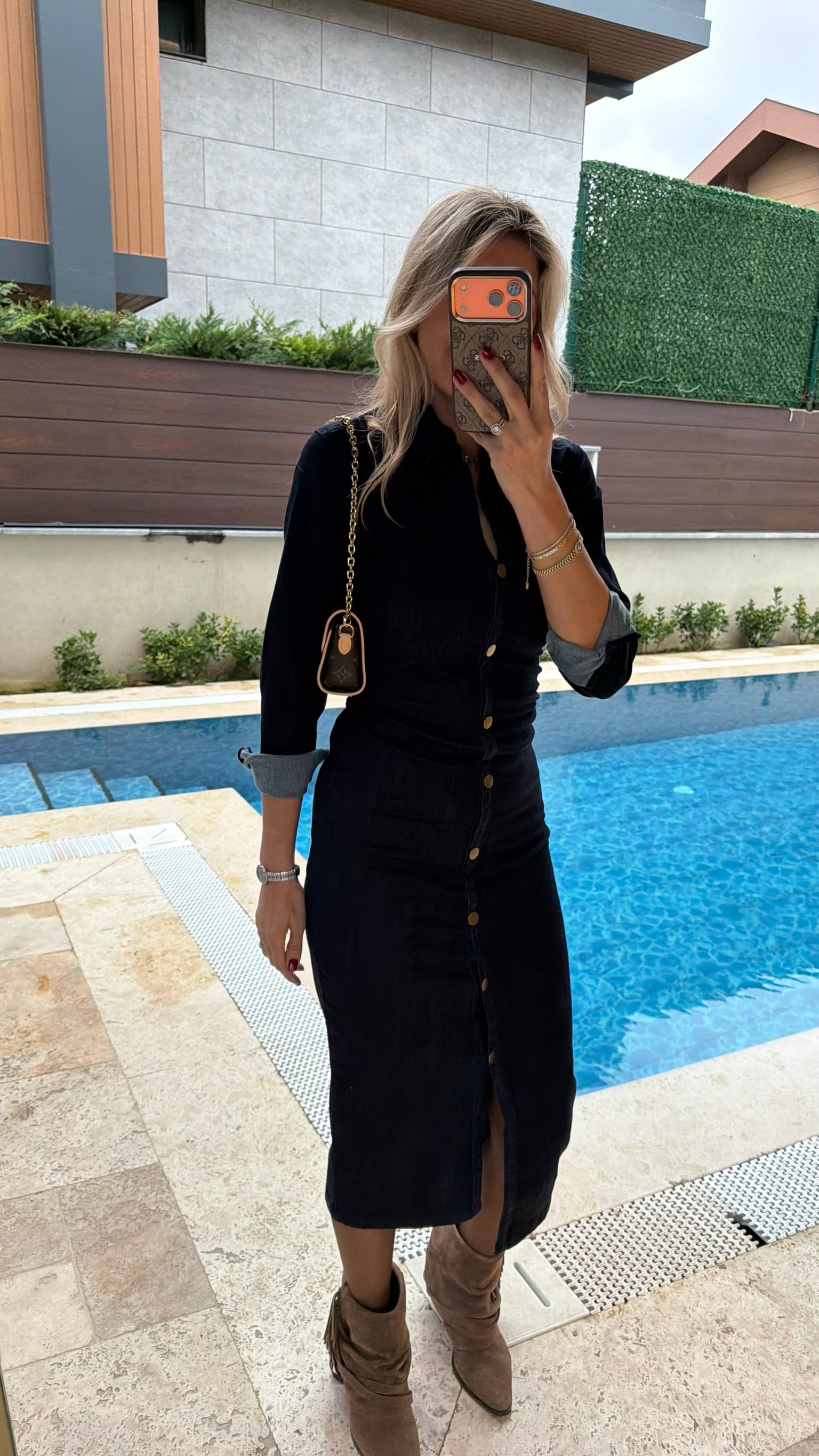 ZR Önü Yırtmaçlı Düğmeli Midi Elbise Lacivert